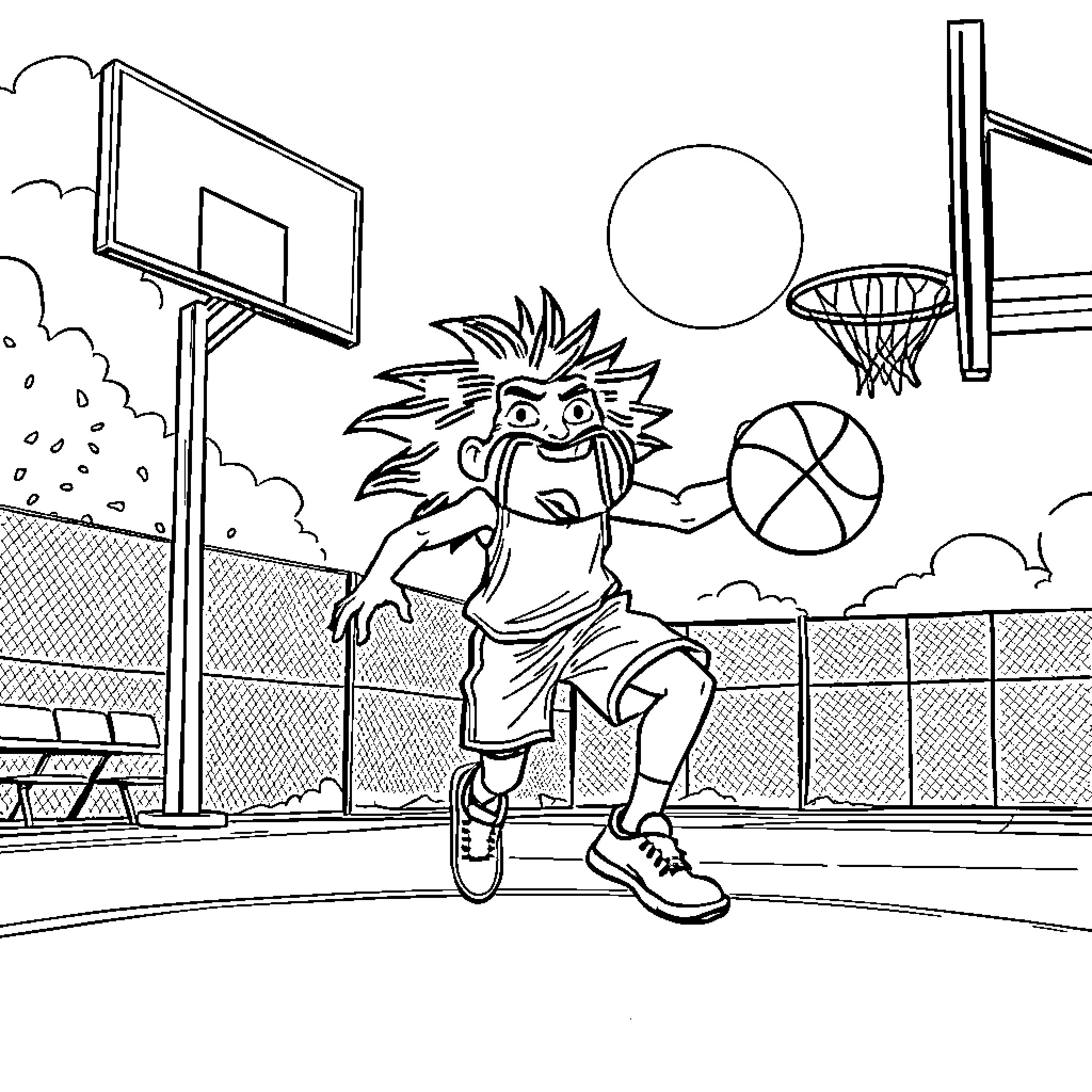Oren Sprunki playing basketball on the court Coloring Page (free black-and-white line drawing printable PDF for all, from beginners to advanced learners, including children, teens, adults, and seniors)