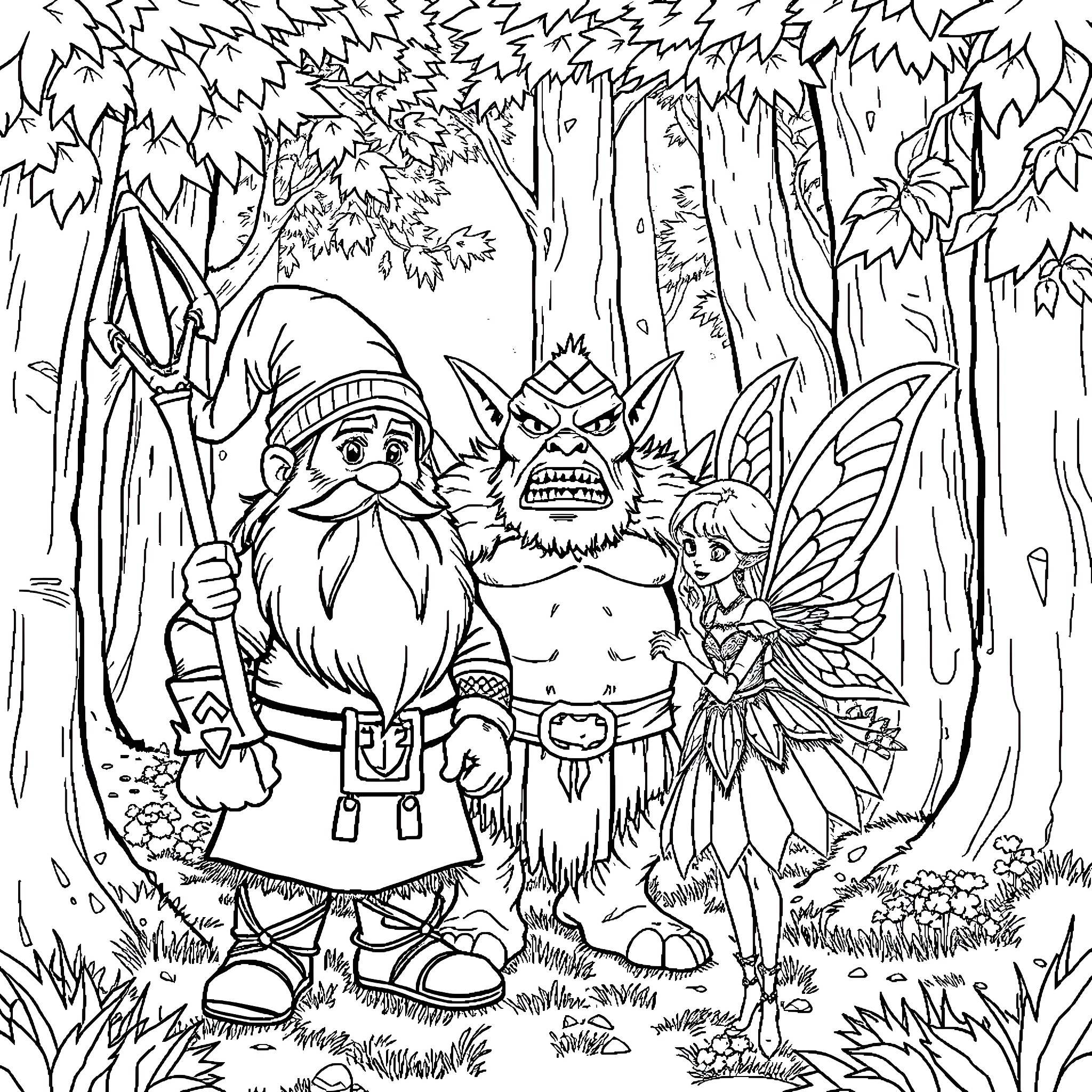 DND Characters in Fantastical Forest Scene Coloring Page (free black-and-white line drawing printable PDF for all, from beginners to advanced learners, including children, teens, adults, and seniors)