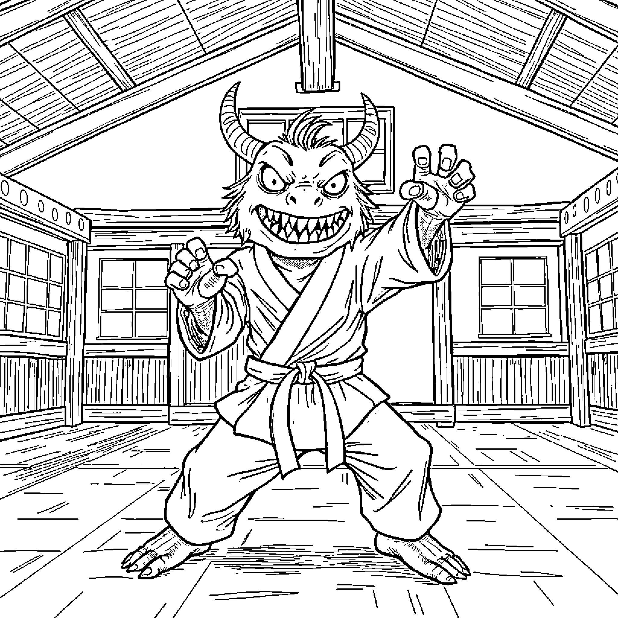 Völky Monster Engages in Martial Arts Display Coloring Page (free black-and-white line drawing printable PDF for all, from beginners to advanced learners, including children, teens, adults, and seniors)
