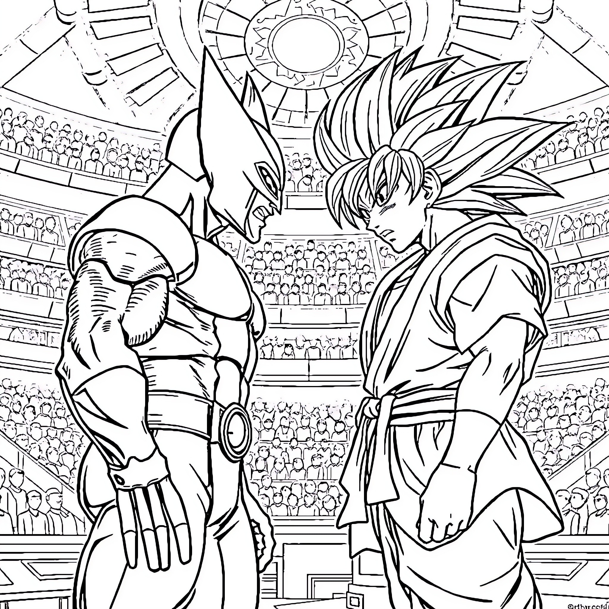 Wolverine warriors battle in epic arena showdown Coloring Page (free black-and-white line drawing printable PDF for all, from beginners to advanced learners, including children, teens, adults, and seniors)
