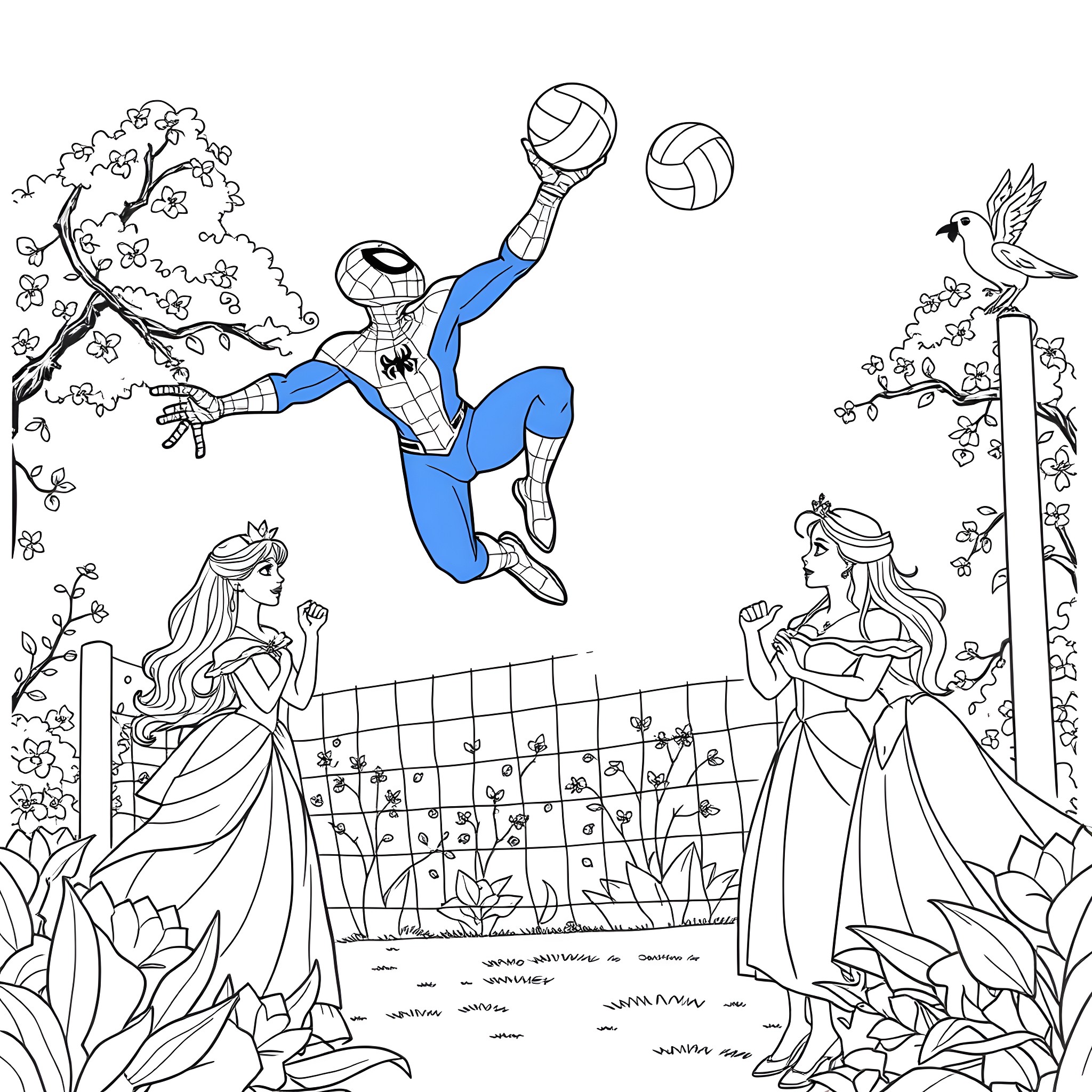 Spiderman performing spectacular volleyball moves in a vibrant outdoor setting Coloring Page (free black-and-white line drawing printable PDF for all, from beginners to advanced learners, including children, teens, adults, and seniors)