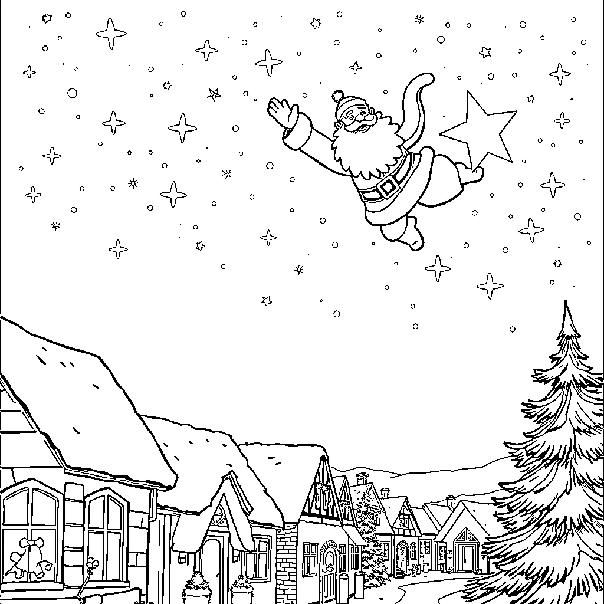 Father Christmas flying over a snowy village at night Coloring Page (free black-and-white line drawing printable PDF for all, from beginners to advanced learners, including children, teens, adults, and seniors)
