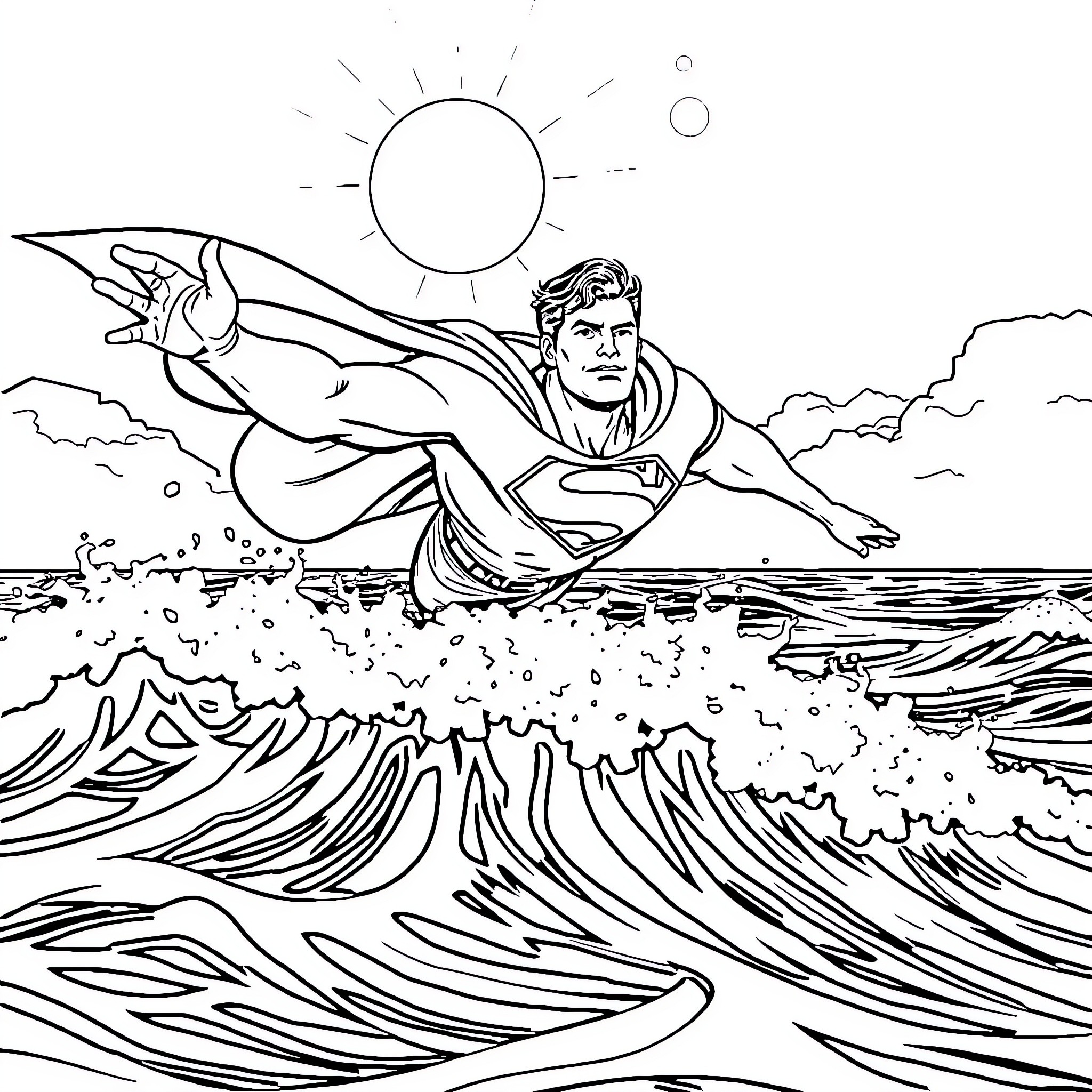 Superman soaring over crashing waves Coloring Page (free black-and-white line drawing printable PDF for all, from beginners to advanced learners, including children, teens, adults, and seniors)