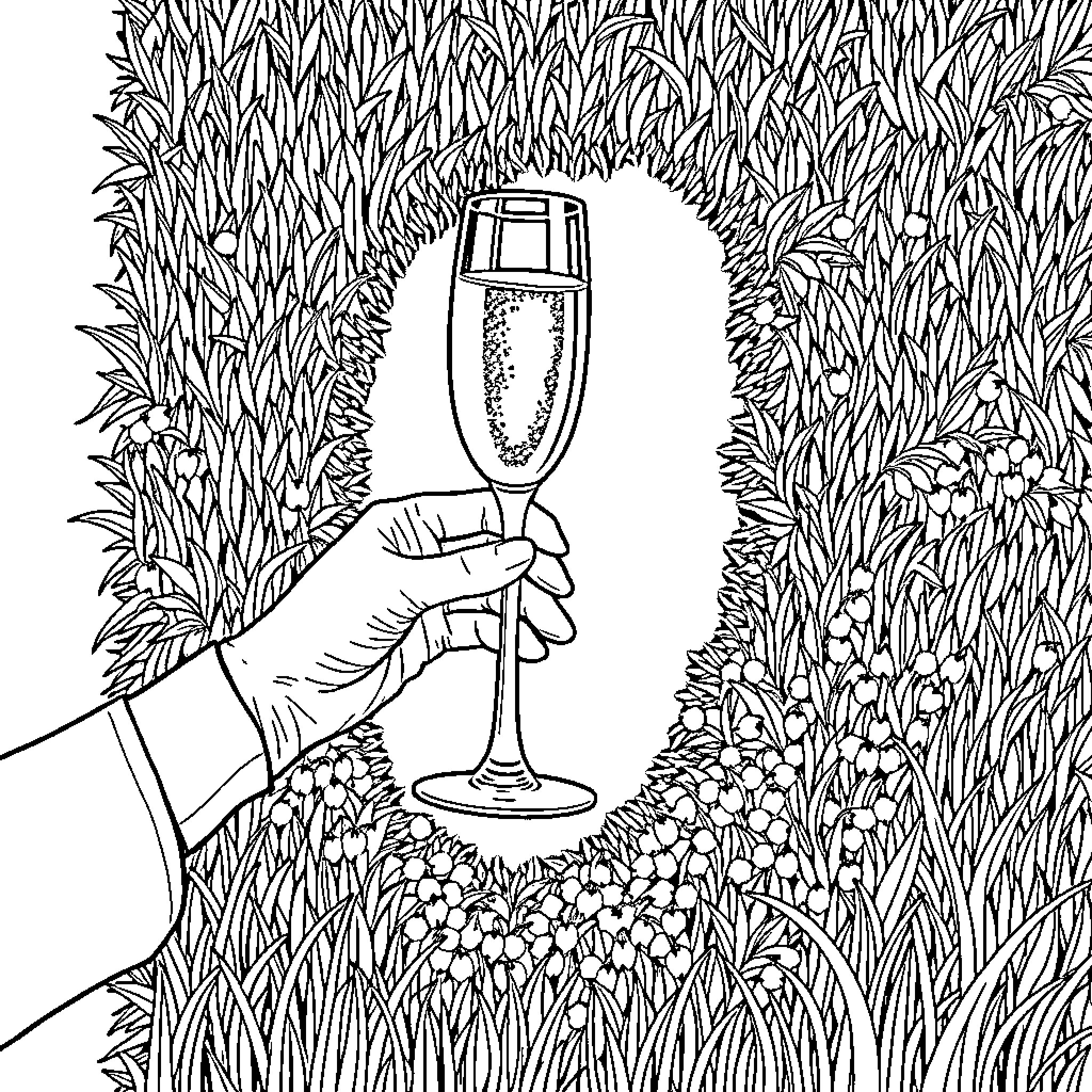 Hand holding a glass of champagne in the meadow Coloring Page (free black-and-white line drawing printable PDF for all, from beginners to advanced learners, including children, teens, adults, and seniors)