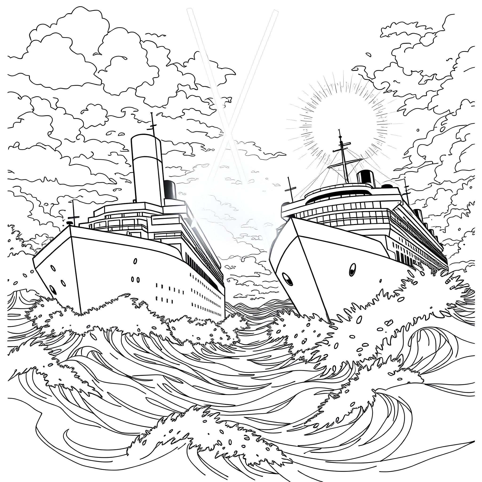 Titanic ships battling the stormy seas Coloring Page (free black-and-white line drawing printable PDF for all, from beginners to advanced learners, including children, teens, adults, and seniors)
