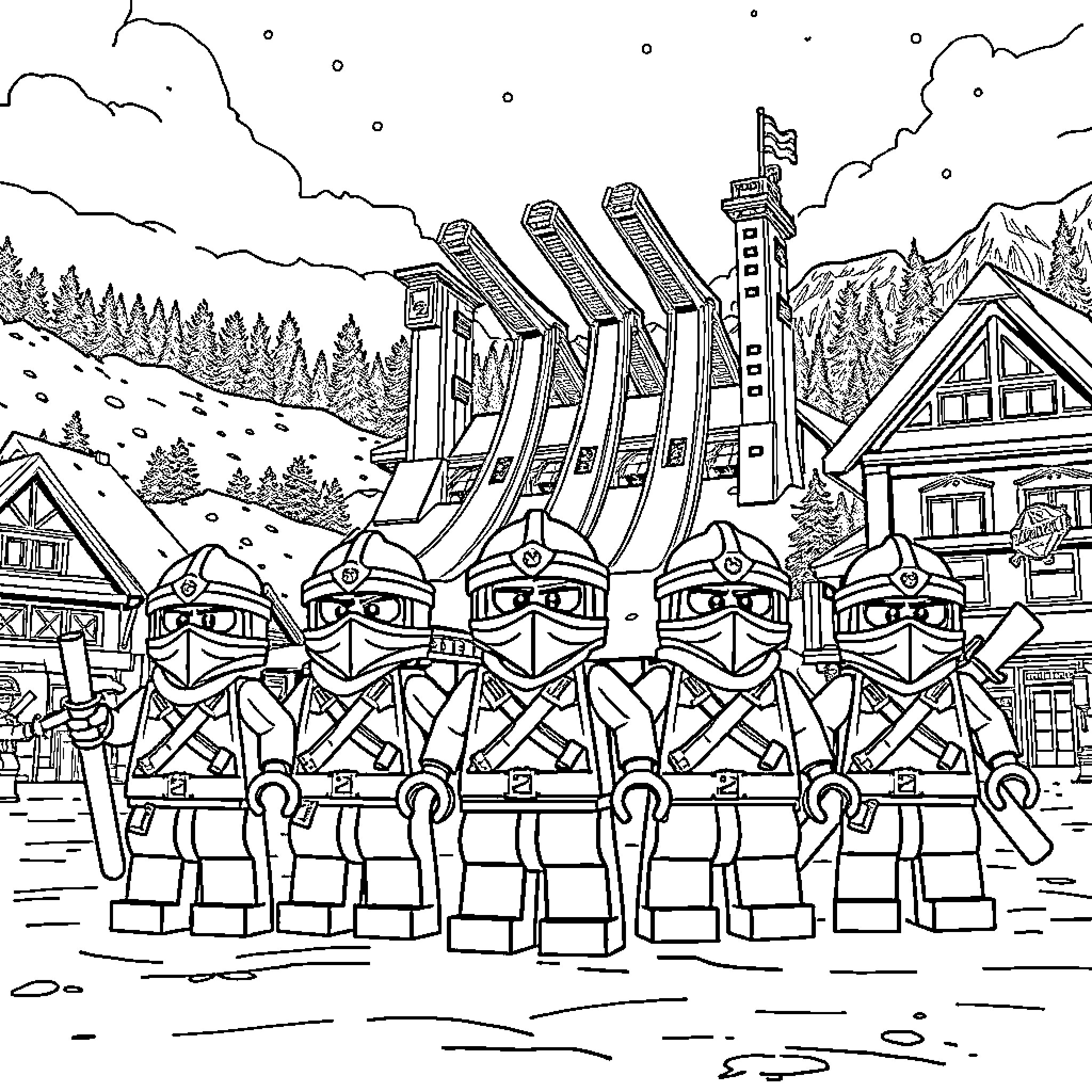 Lego Ninjago Warriors in Formation at Snowy Mountain Base Coloring Page (free black-and-white line drawing printable PDF for all, from beginners to advanced learners, including children, teens, adults, and seniors)