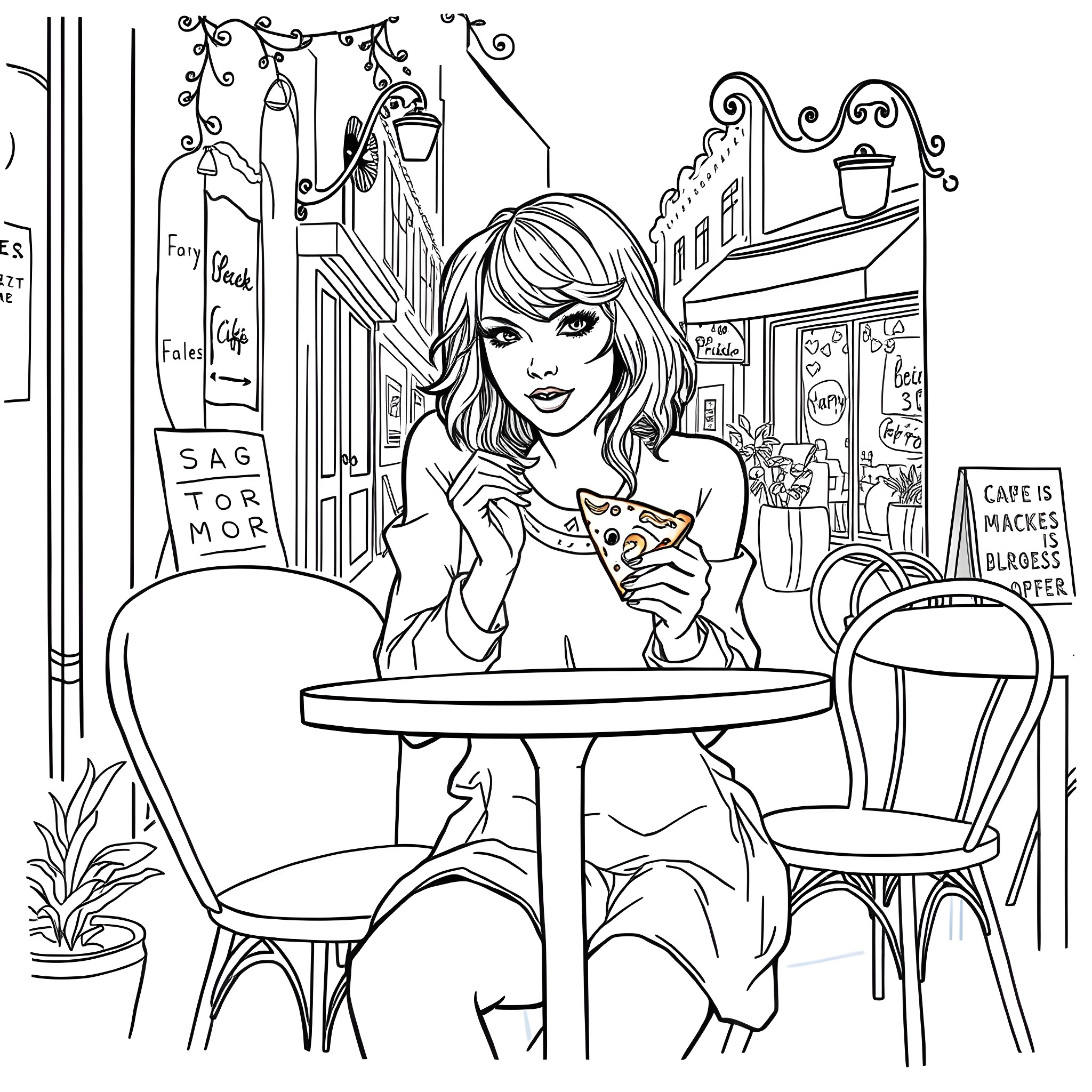 Taylor Swift enjoying a cafe while sipping a beverage Coloring Page (free black-and-white line drawing printable PDF for all, from beginners to advanced learners, including children, teens, adults, and seniors)
