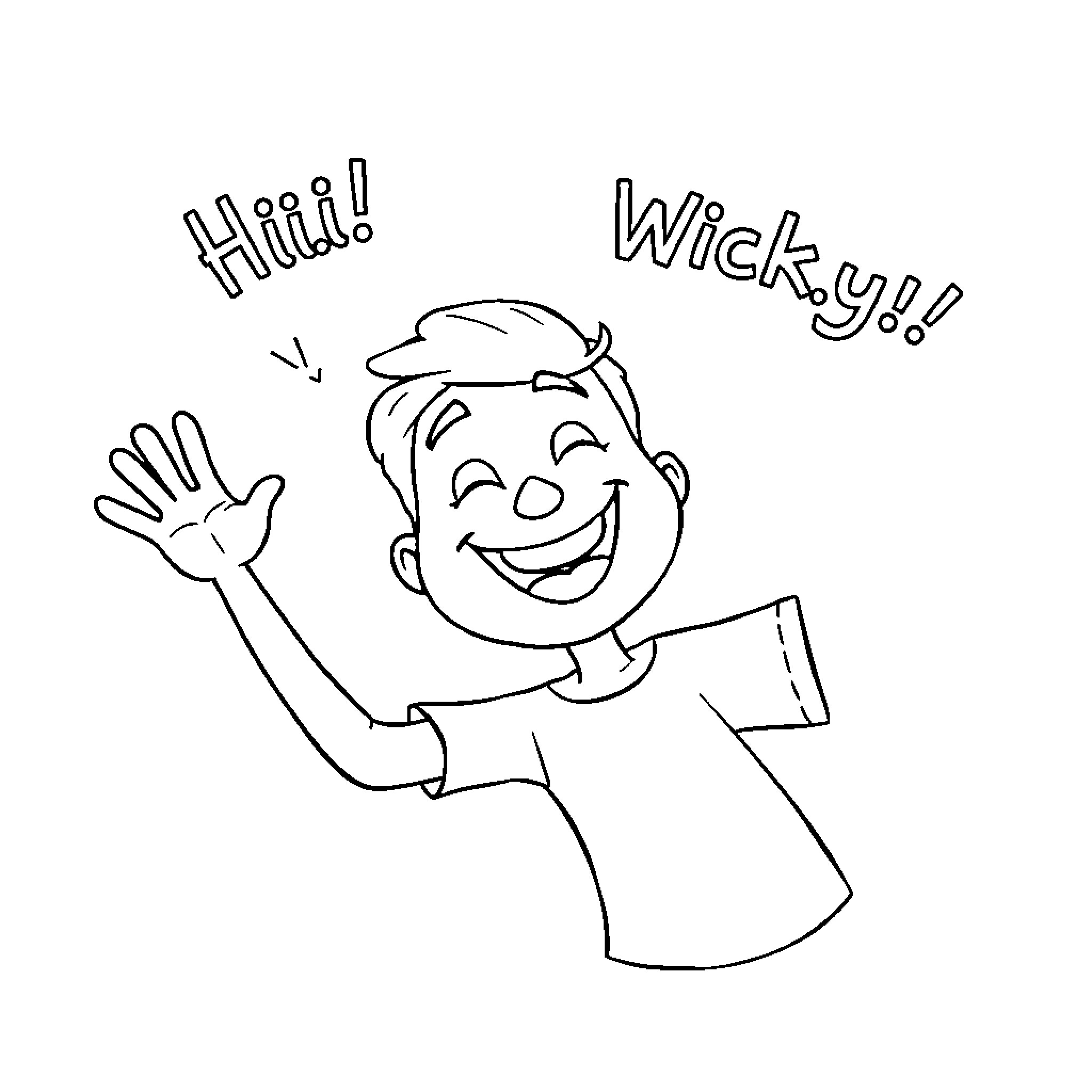 Wicky saying hello with excitement Coloring Page (free black-and-white line drawing printable PDF for all, from beginners to advanced learners, including children, teens, adults, and seniors)