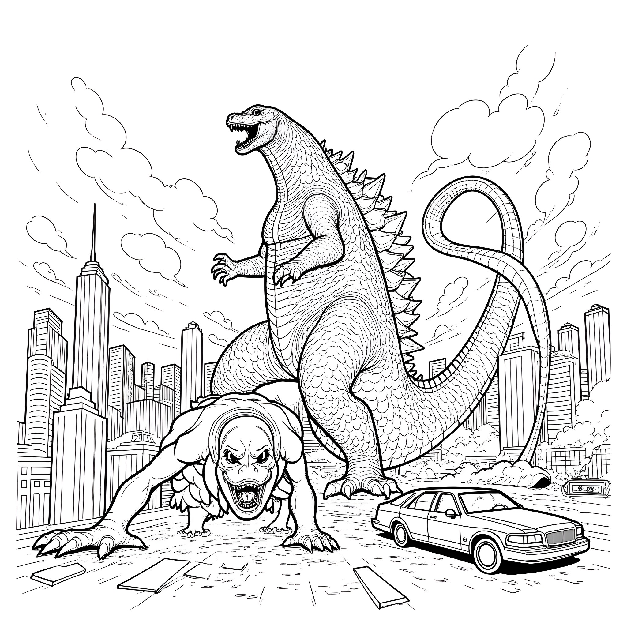 Godzilla rampaging through the city skyline Coloring Page (free black-and-white line drawing printable PDF for all, from beginners to advanced learners, including children, teens, adults, and seniors)
