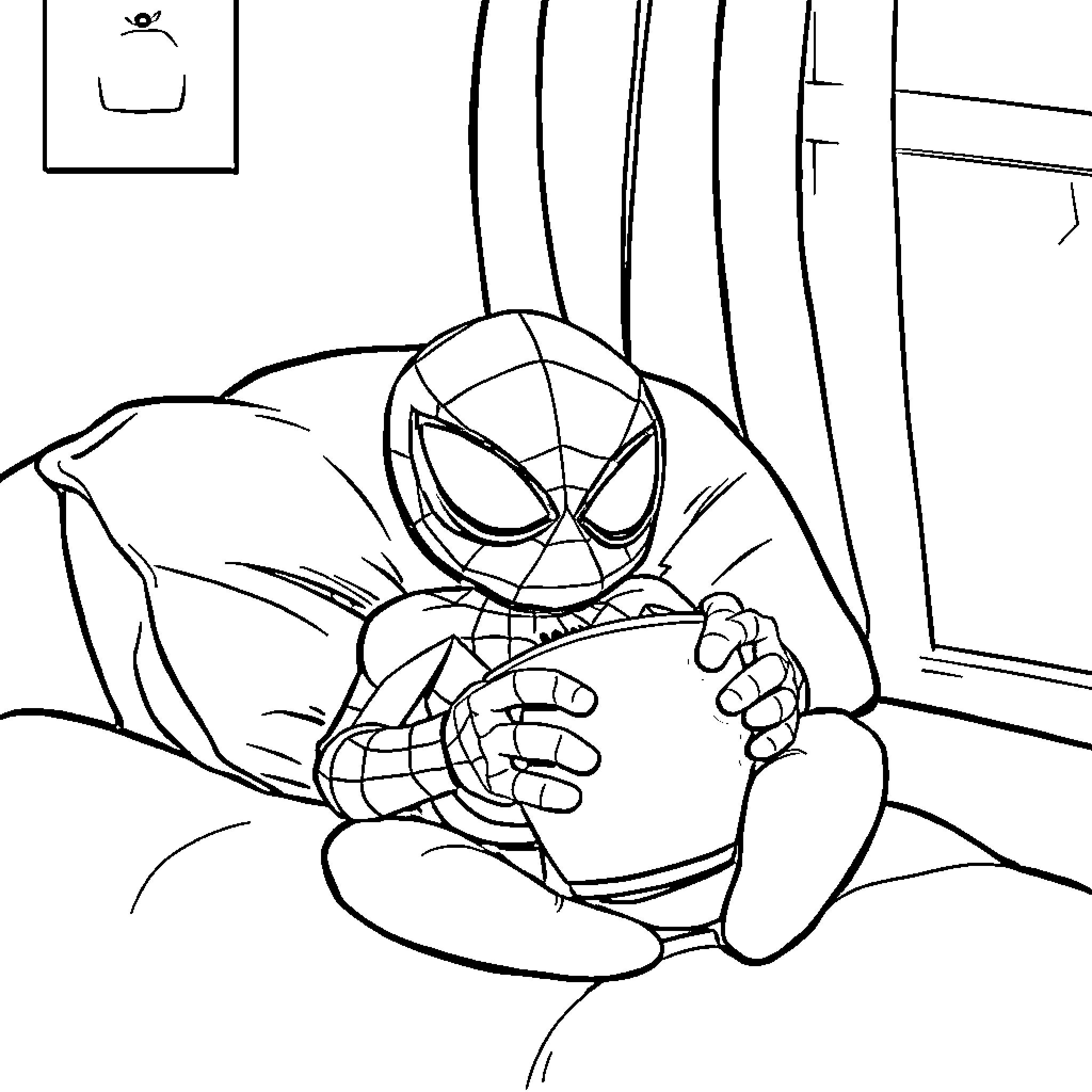 Spidey resting after a long day's work Coloring Page (free black-and-white line drawing printable PDF for all, from beginners to advanced learners, including children, teens, adults, and seniors)