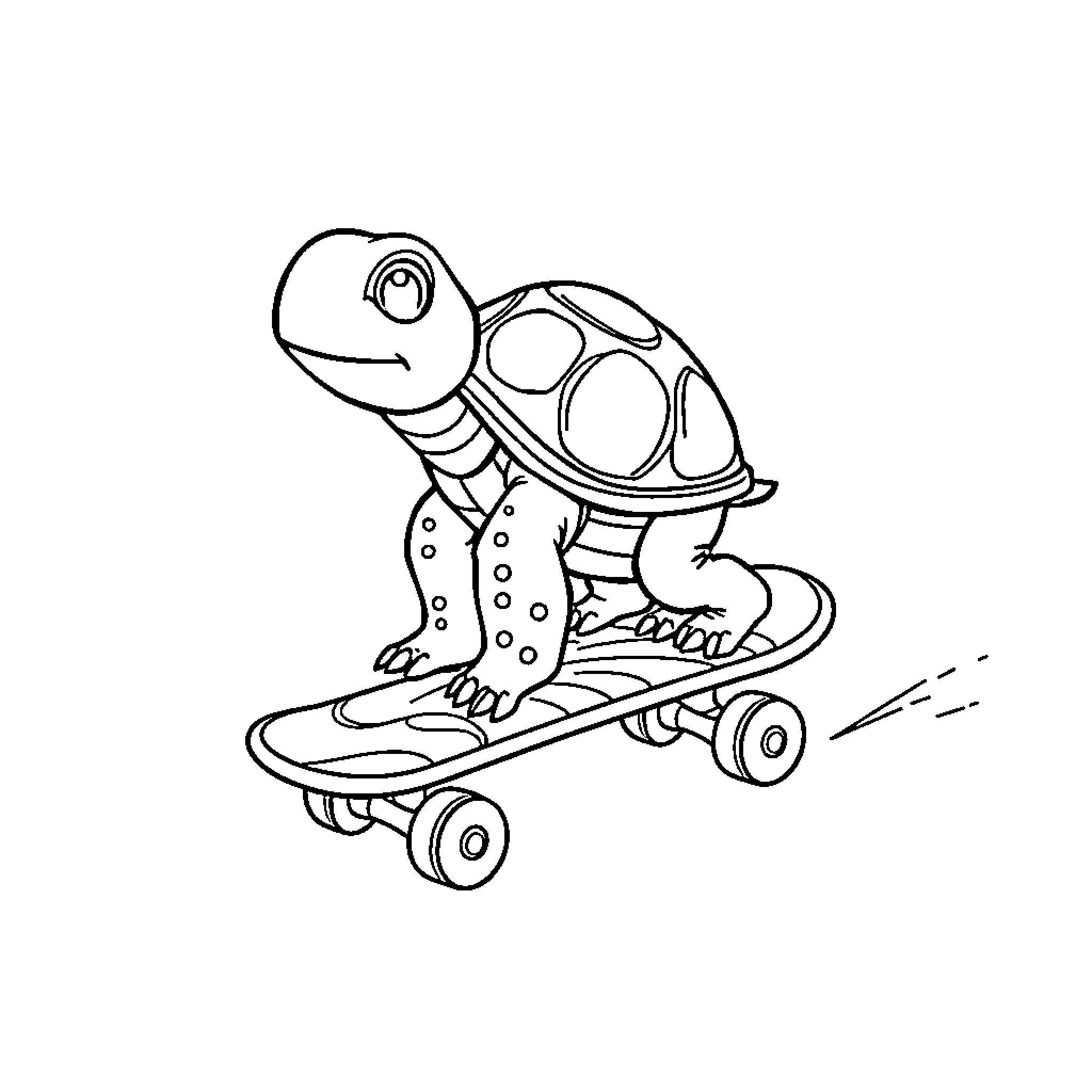 Turtle riding a skateboard Coloring Page (free black-and-white line drawing printable PDF for all, from beginners to advanced learners, including children, teens, adults, and seniors)