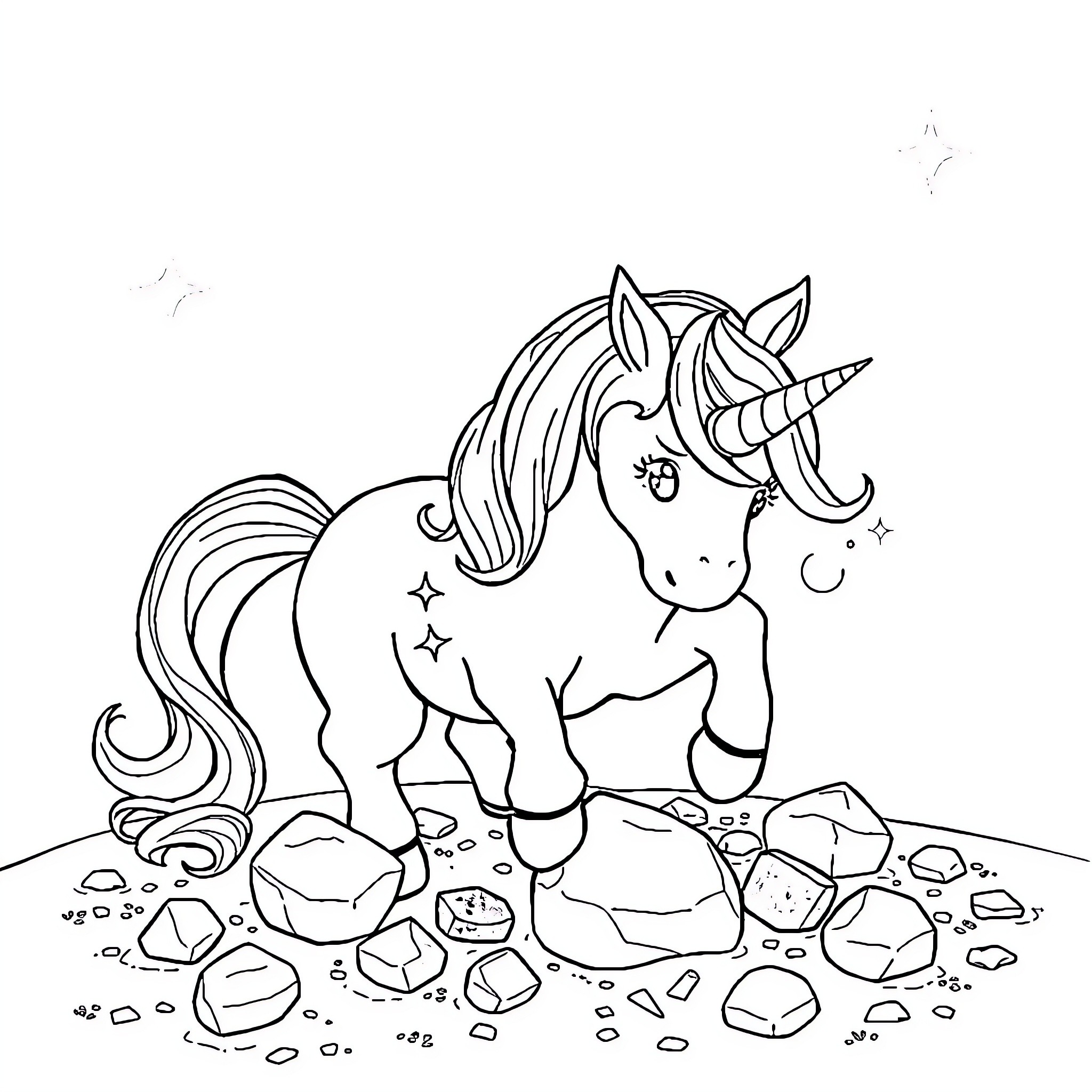 Unicorn exploring a rocky terrain Coloring Page (free black-and-white line drawing printable PDF for all, from beginners to advanced learners, including children, teens, adults, and seniors)
