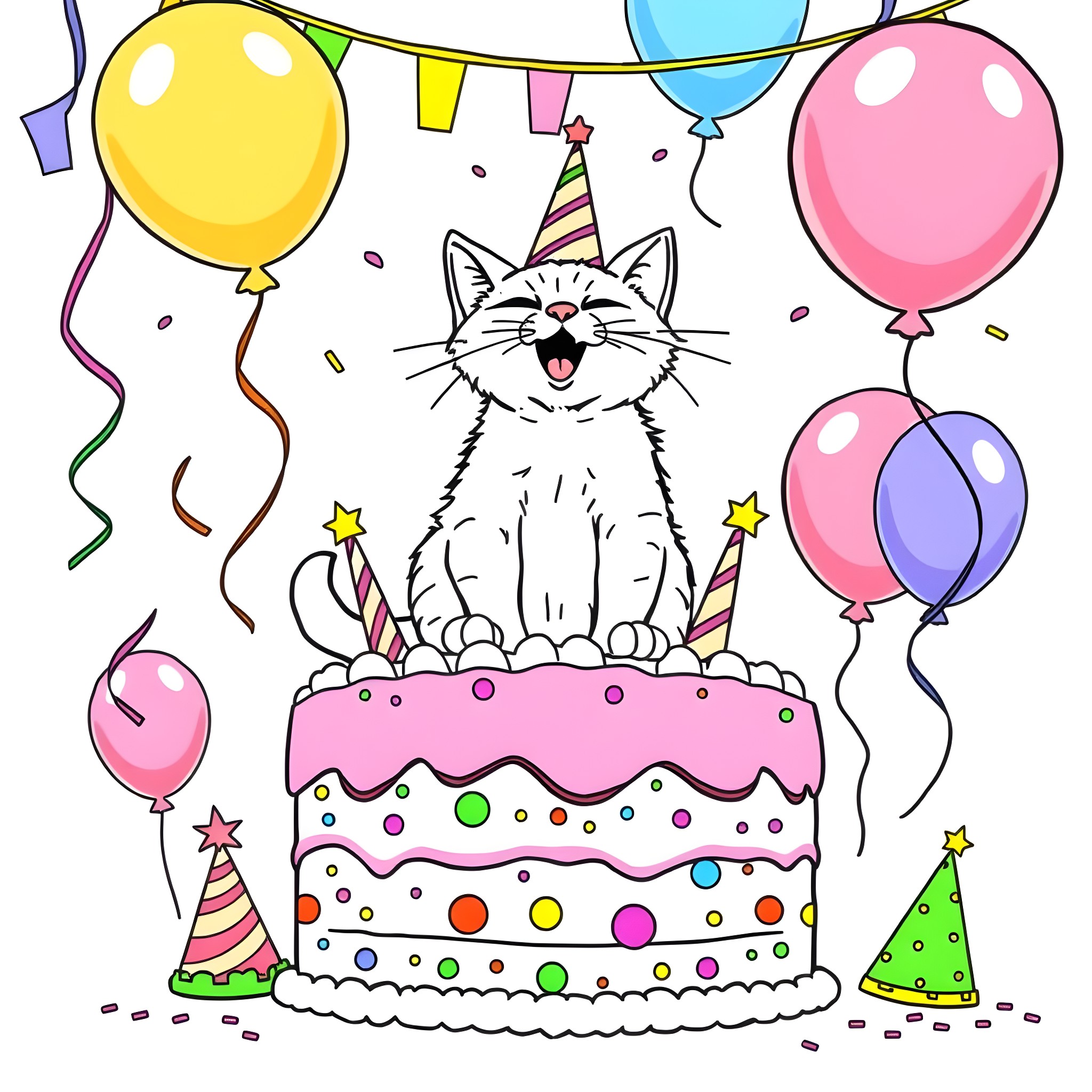 Cat celebrating birthday with balloons and cake Coloring Page (free black-and-white line drawing printable PDF for all, from beginners to advanced learners, including children, teens, adults, and seniors)