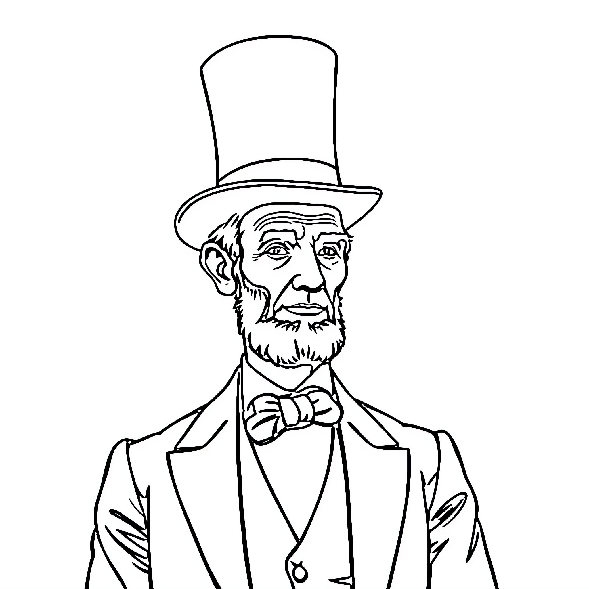 Abraham Lincoln in formal attire with a serious expression Coloring Page (free black-and-white line drawing printable PDF for all, from beginners to advanced learners, including children, teens, adults, and seniors)