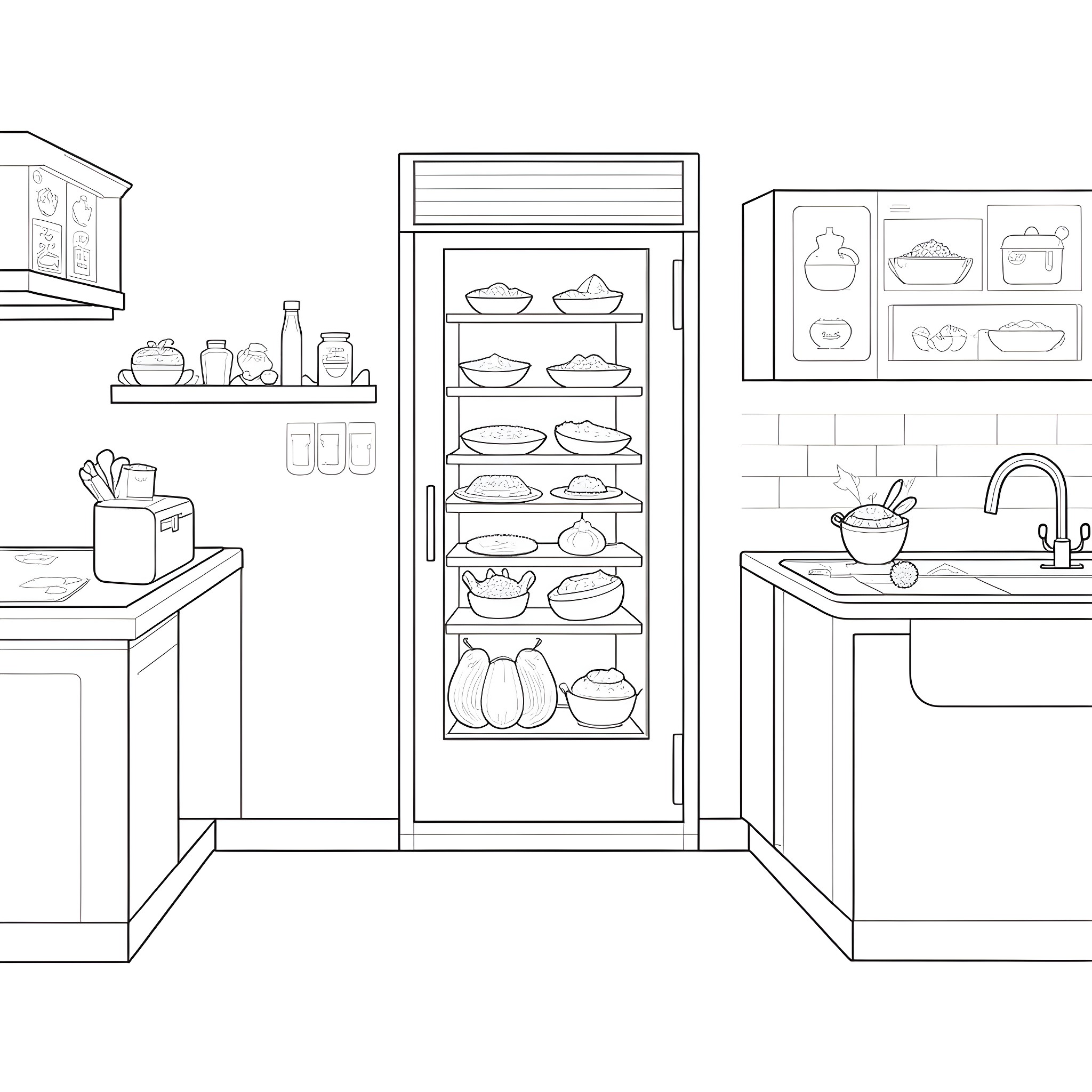 Refrigerator filled with dishes and utensils in kitchen Coloring Page (free black-and-white line drawing printable PDF for all, from beginners to advanced learners, including children, teens, adults, and seniors)
