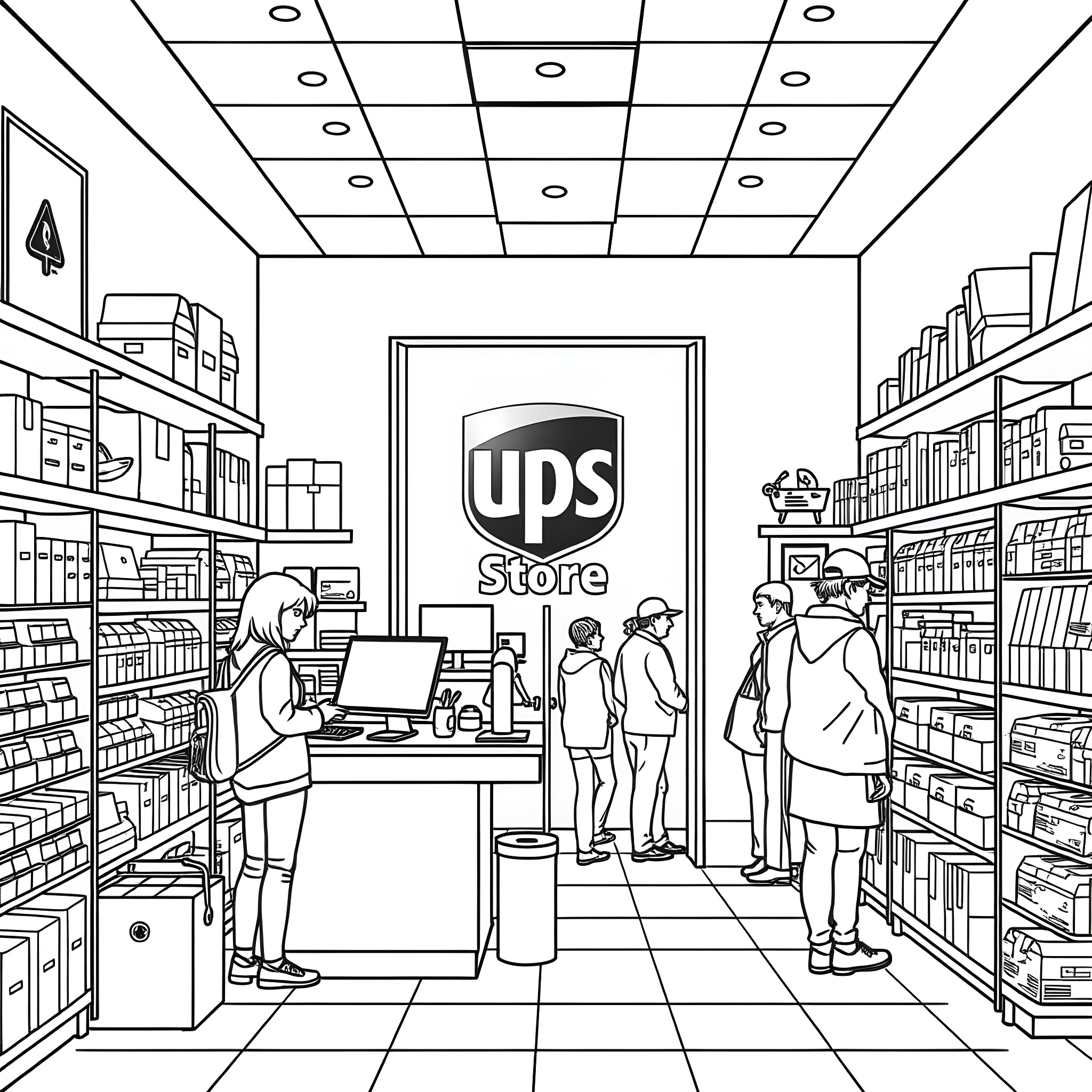 UPS Store customers browsing and waiting in line Coloring Page (free black-and-white line drawing printable PDF for all, from beginners to advanced learners, including children, teens, adults, and seniors)