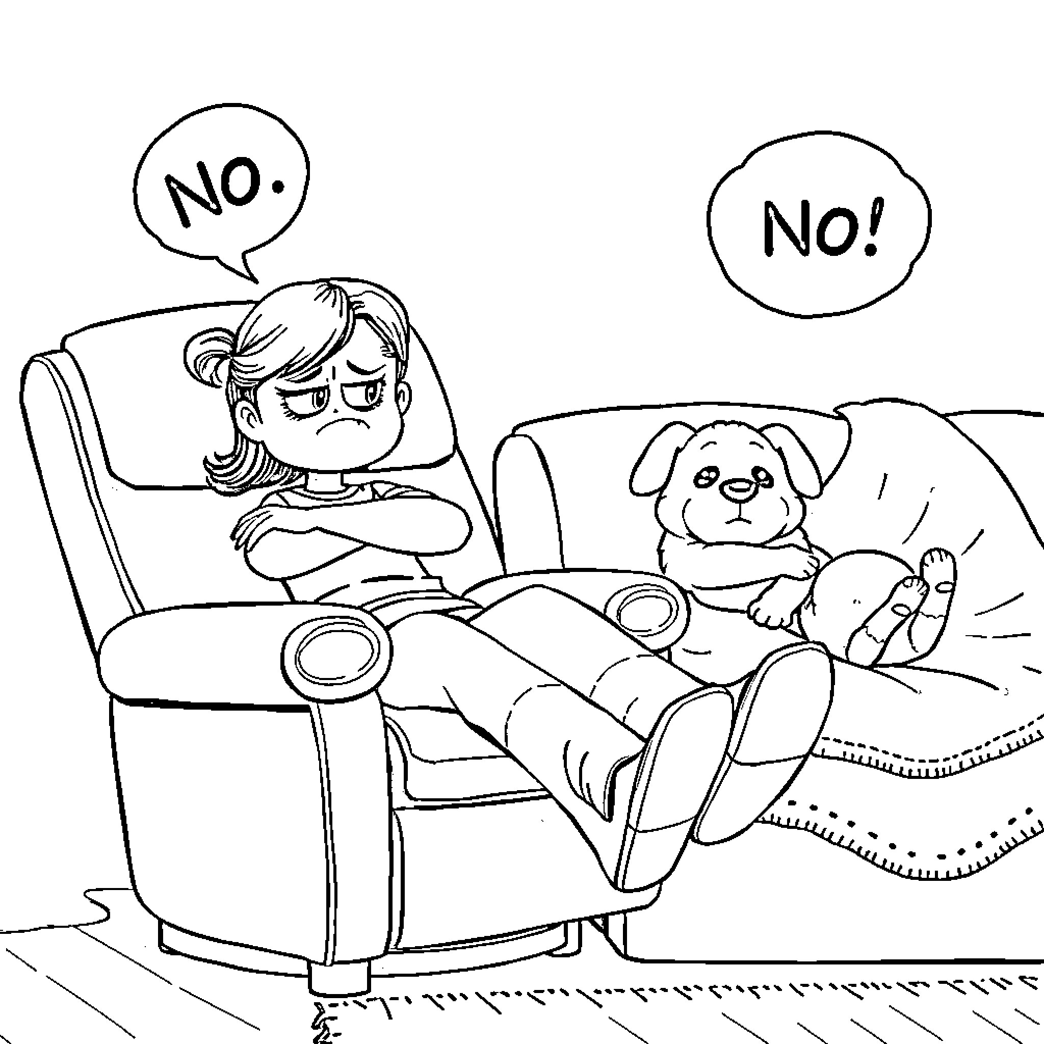 Daughter refuses bedtime with pet dog Coloring Page (free black-and-white line drawing printable PDF for all, from beginners to advanced learners, including children, teens, adults, and seniors)