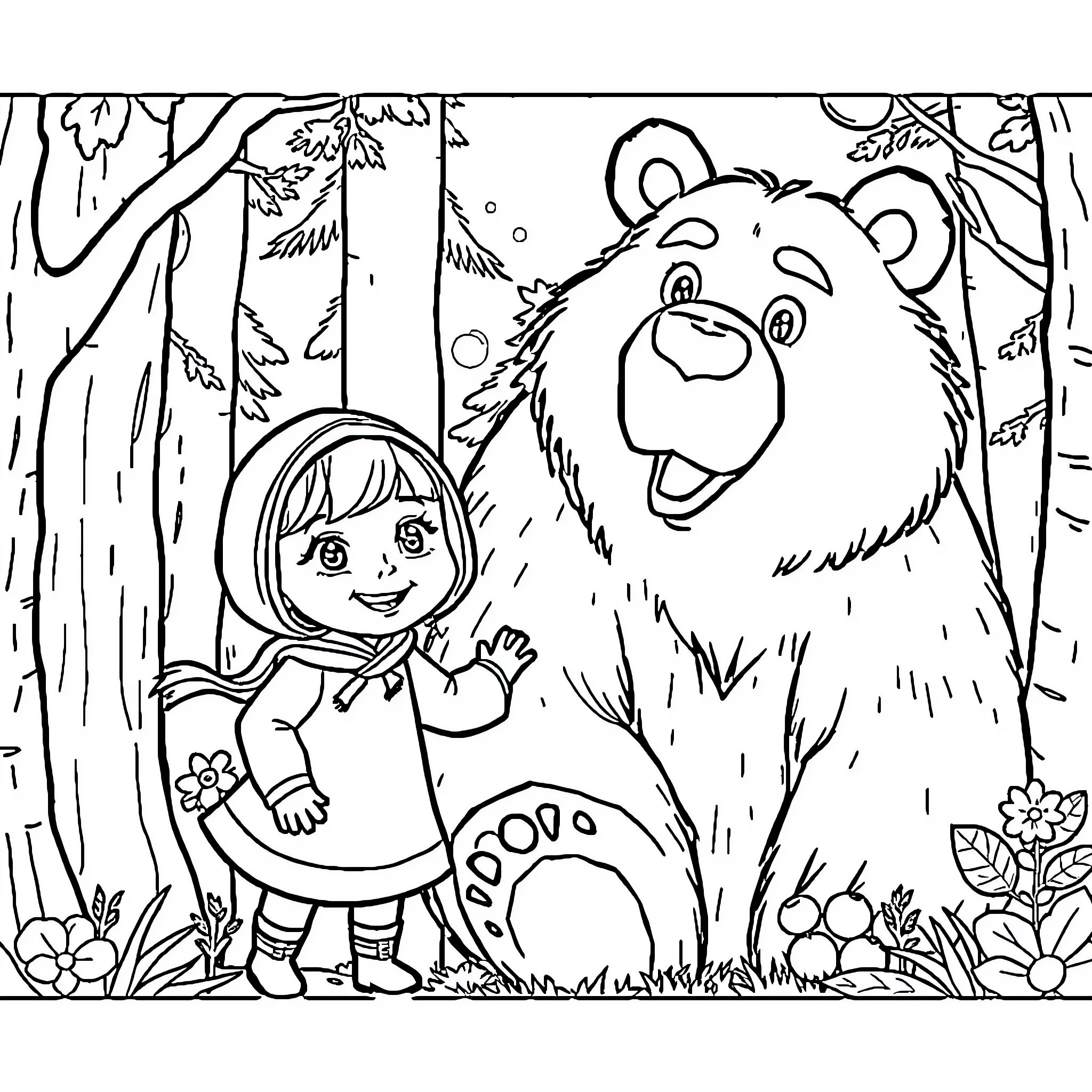 Masha and the Friendly Bear in the Forest Coloring Page (free black-and-white line drawing printable PDF for all, from beginners to advanced learners, including children, teens, adults, and seniors)