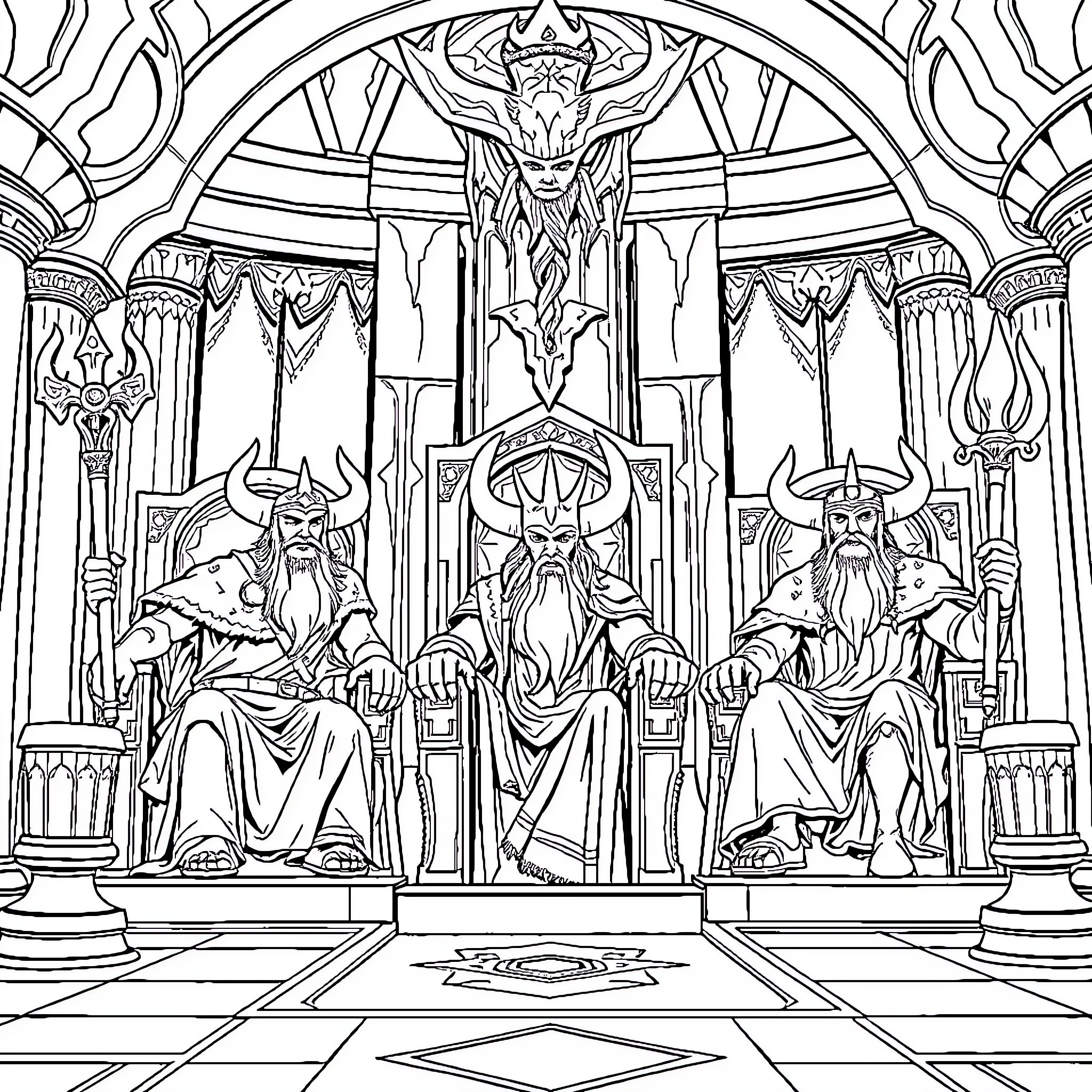 Norse Gods on Celestial Thrones in Ornate Hall Coloring Page (free black-and-white line drawing printable PDF for all, from beginners to advanced learners, including children, teens, adults, and seniors)
