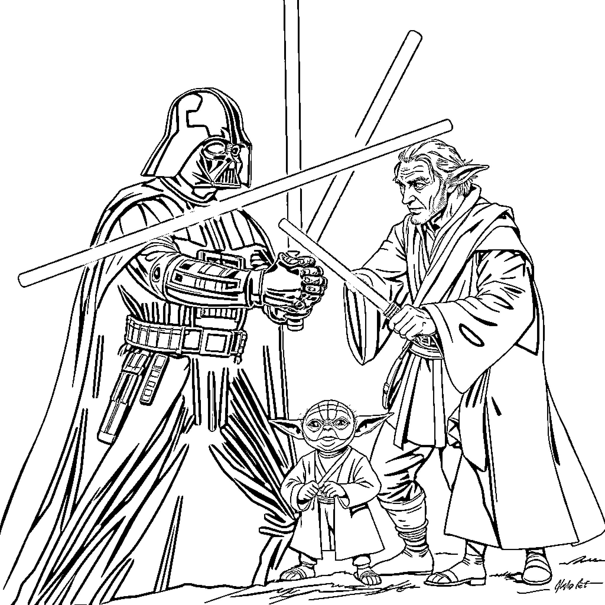 Darth Vader confronting Jedi warriors in intense battle Coloring Page (free black-and-white line drawing printable PDF for all, from beginners to advanced learners, including children, teens, adults, and seniors)