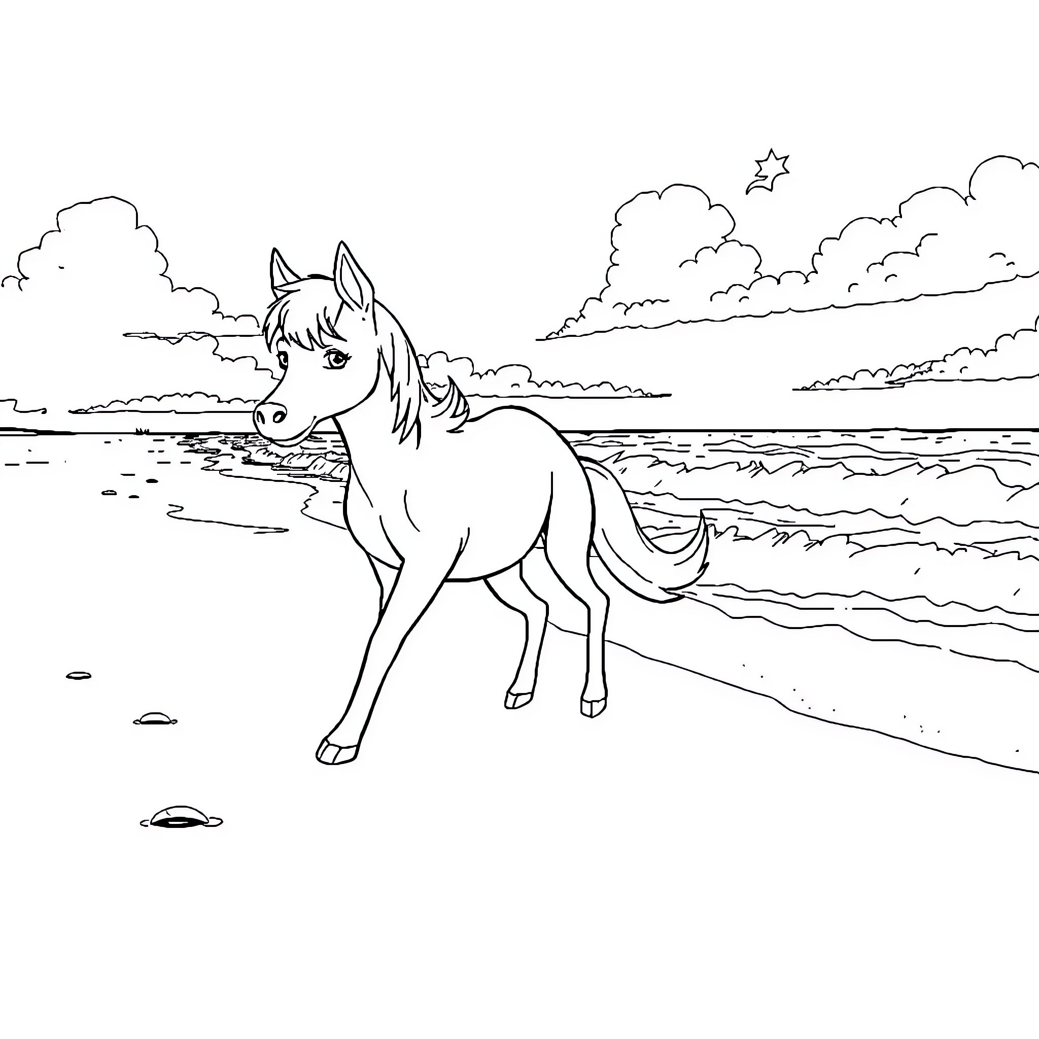 Zero Two enjoying the beach scenery Coloring Page (free black-and-white line drawing printable PDF for all, from beginners to advanced learners, including children, teens, adults, and seniors)
