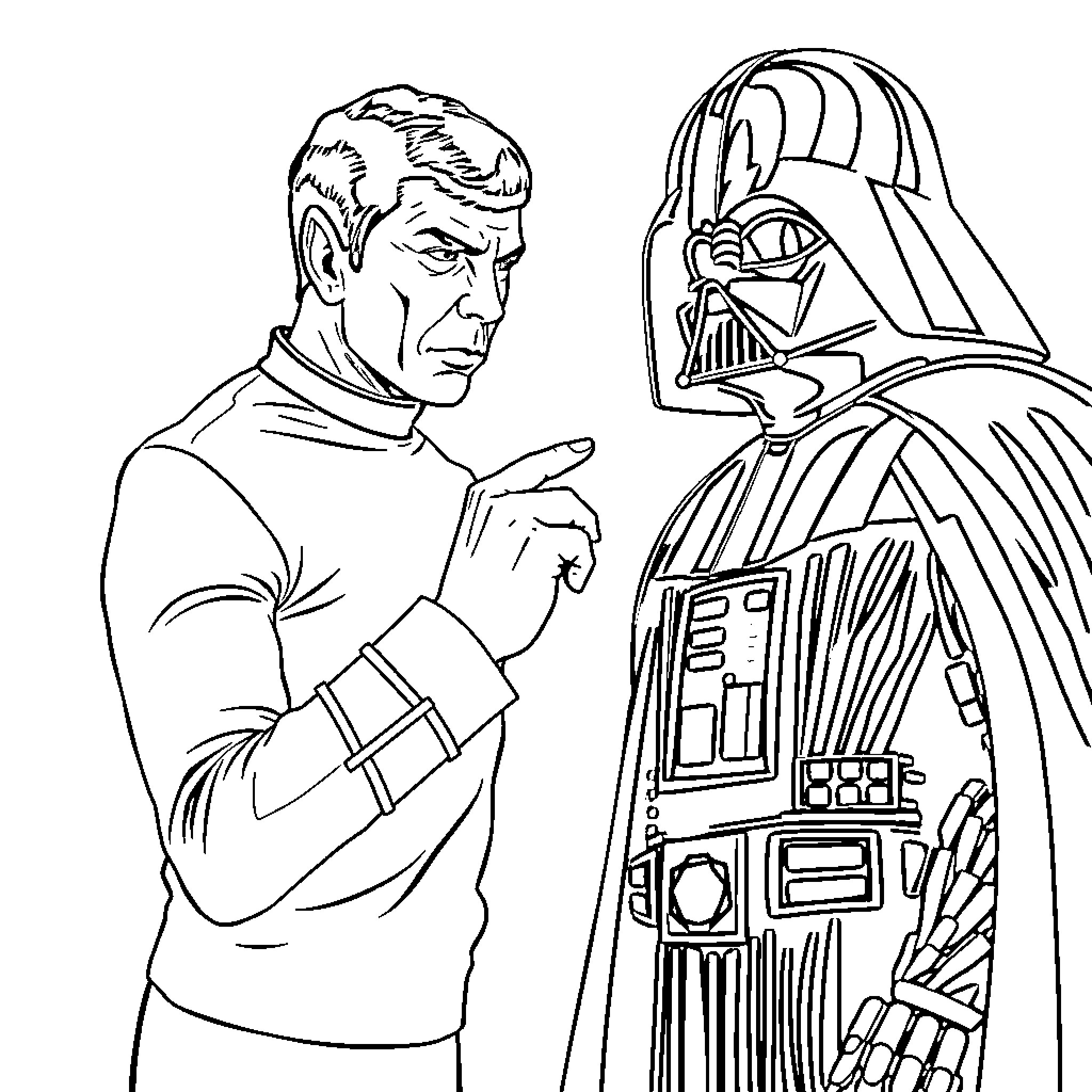 Spock's Confrontation with Darth Vader Coloring Page (free black-and-white line drawing printable PDF for all, from beginners to advanced learners, including children, teens, adults, and seniors)