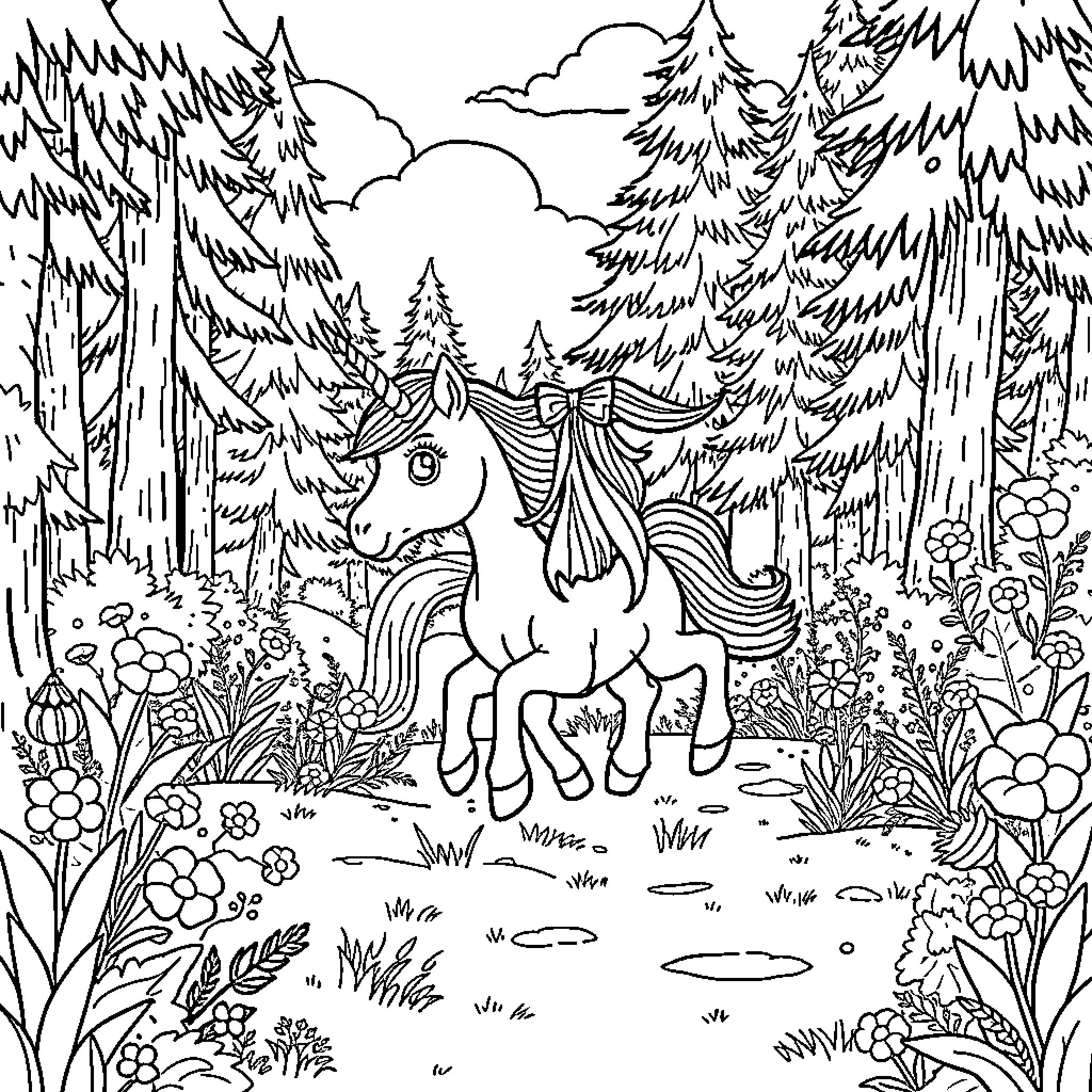 Unicorn wandering in a magical forest Coloring Page (free black-and-white line drawing printable PDF for all, from beginners to advanced learners, including children, teens, adults, and seniors)