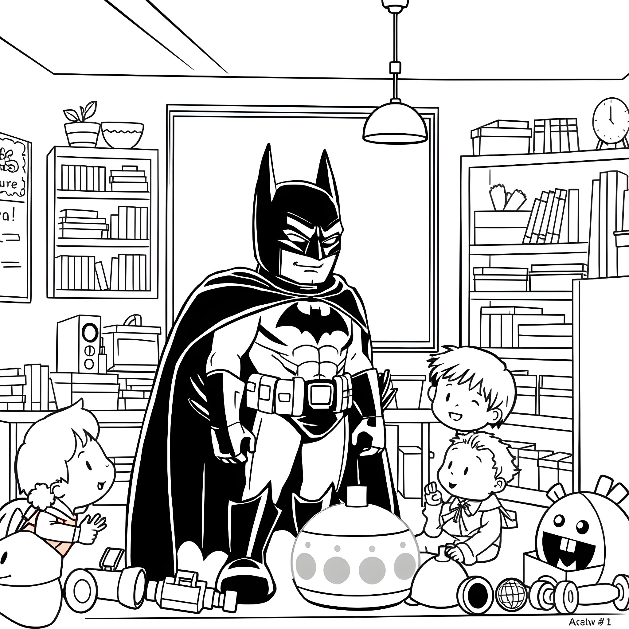 Batman Interacting with Children in Cozy Study Coloring Page (free black-and-white line drawing printable PDF for all, from beginners to advanced learners, including children, teens, adults, and seniors)