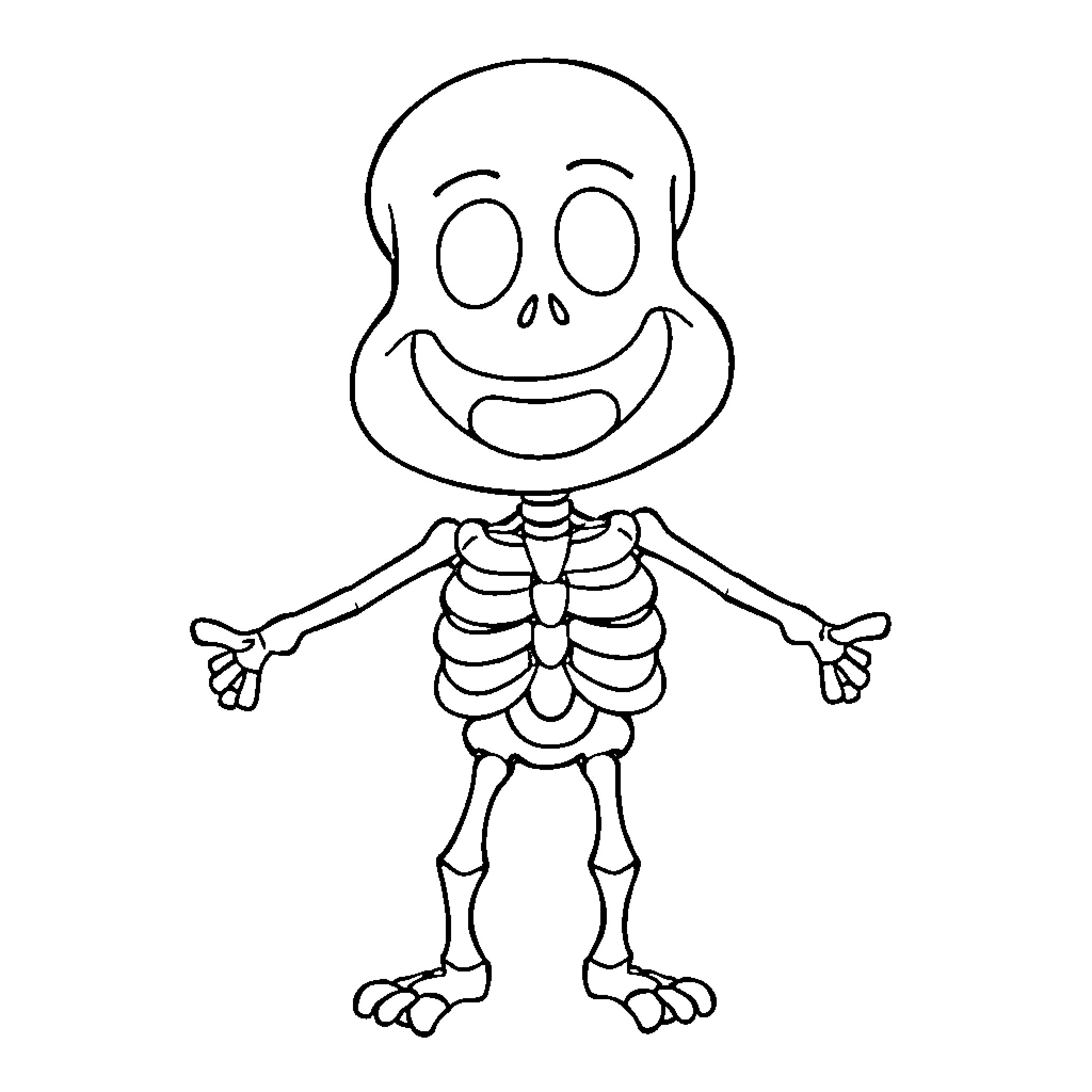 Skeleton character with a happy expression Coloring Page (free black-and-white line drawing printable PDF for all, from beginners to advanced learners, including children, teens, adults, and seniors)