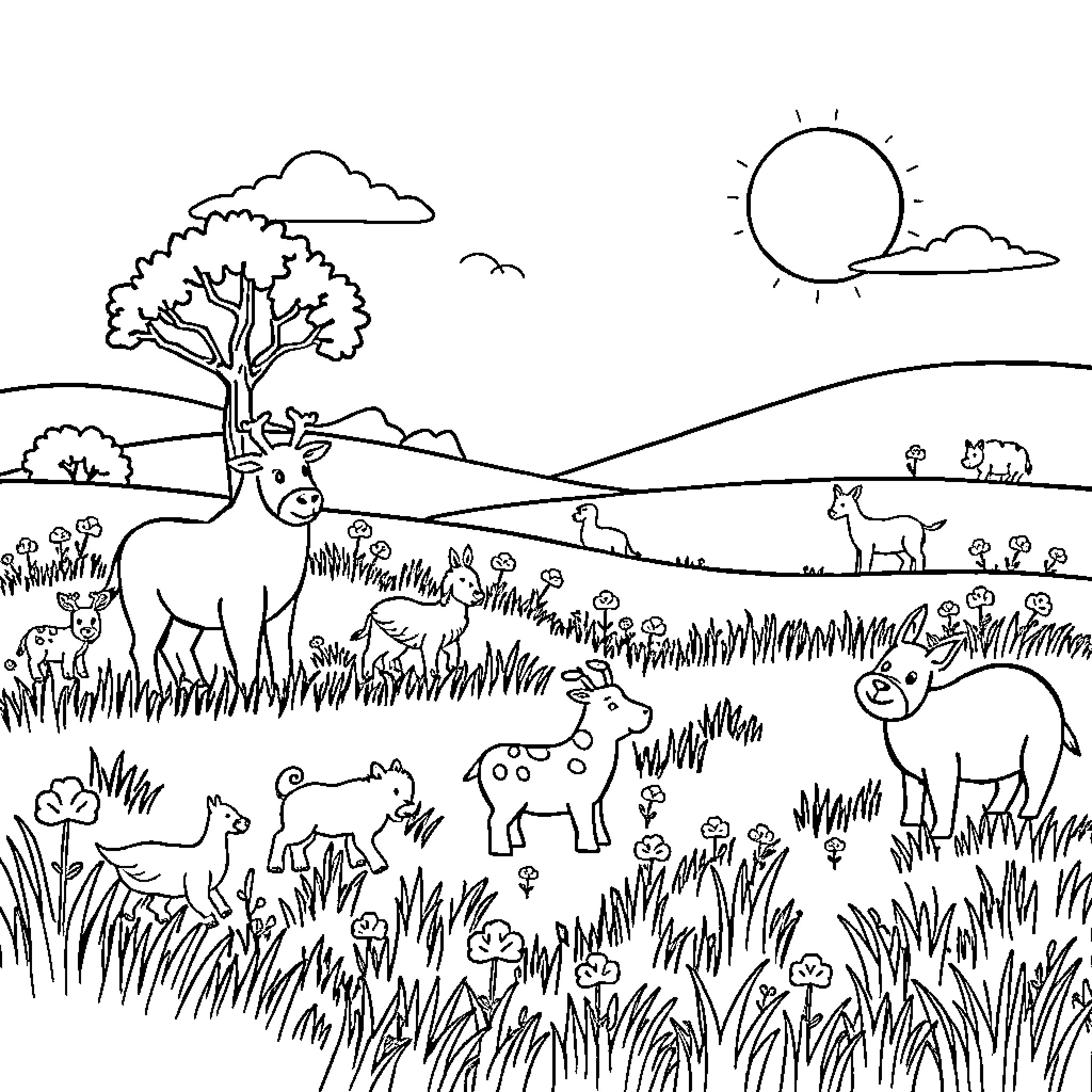 Animal Herd Enjoying Peaceful Countryside Scene Coloring Page (free black-and-white line drawing printable PDF for all, from beginners to advanced learners, including children, teens, adults, and seniors)