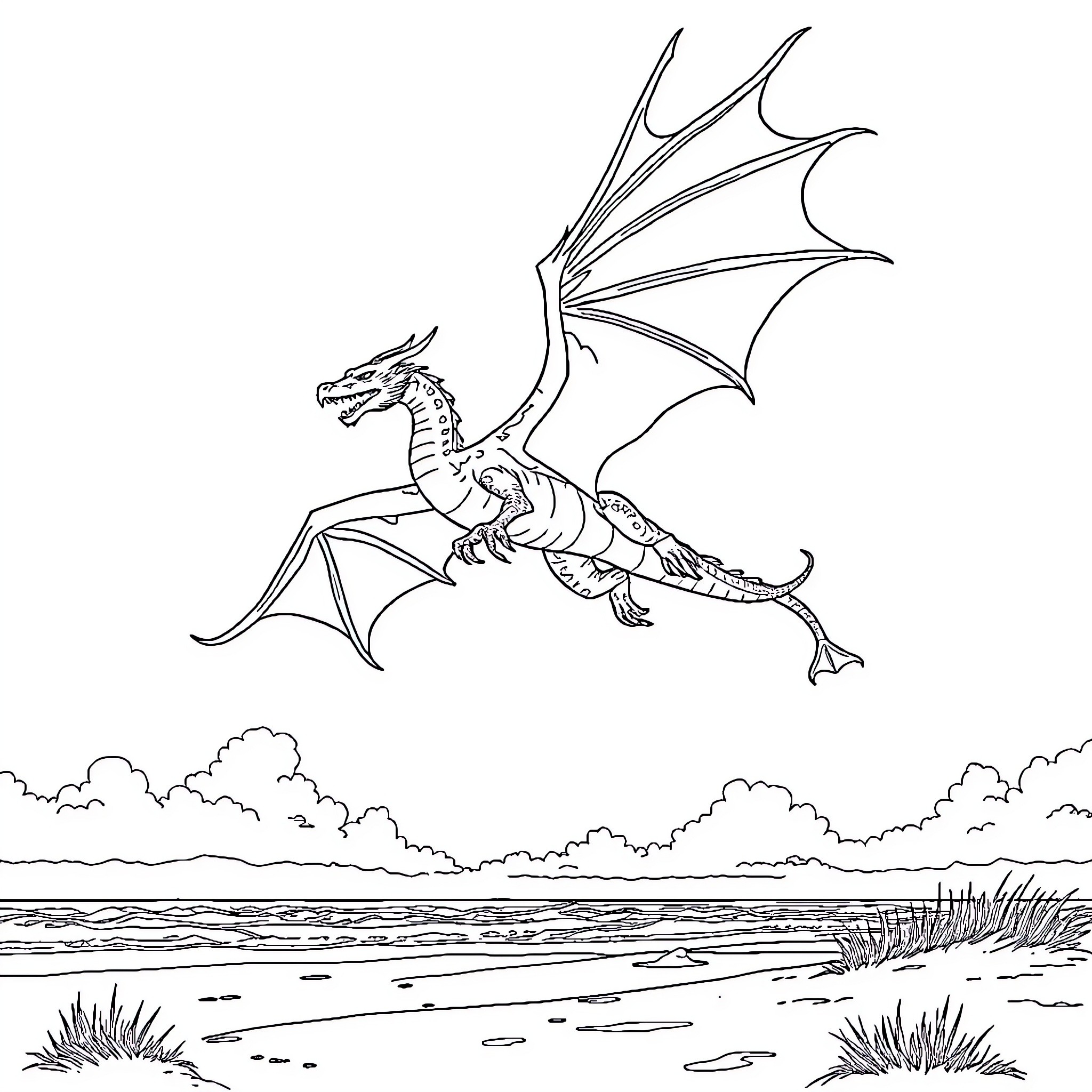 Dragon soaring over tranquil coastal landscape Coloring Page (free black-and-white line drawing printable PDF for all, from beginners to advanced learners, including children, teens, adults, and seniors)