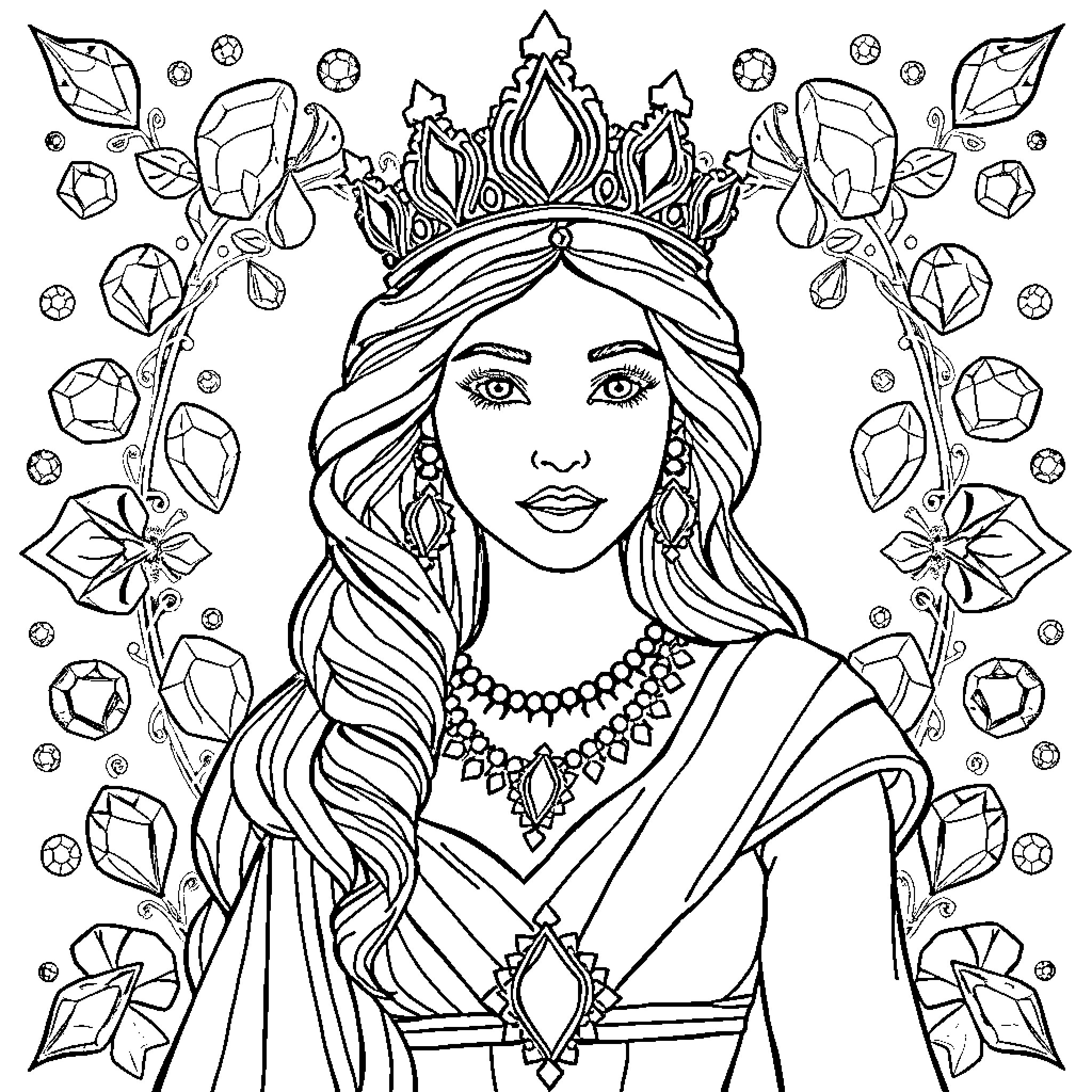 Queen of Sheba in elaborate royal attire and crown Coloring Page (free black-and-white line drawing printable PDF for all, from beginners to advanced learners, including children, teens, adults, and seniors)