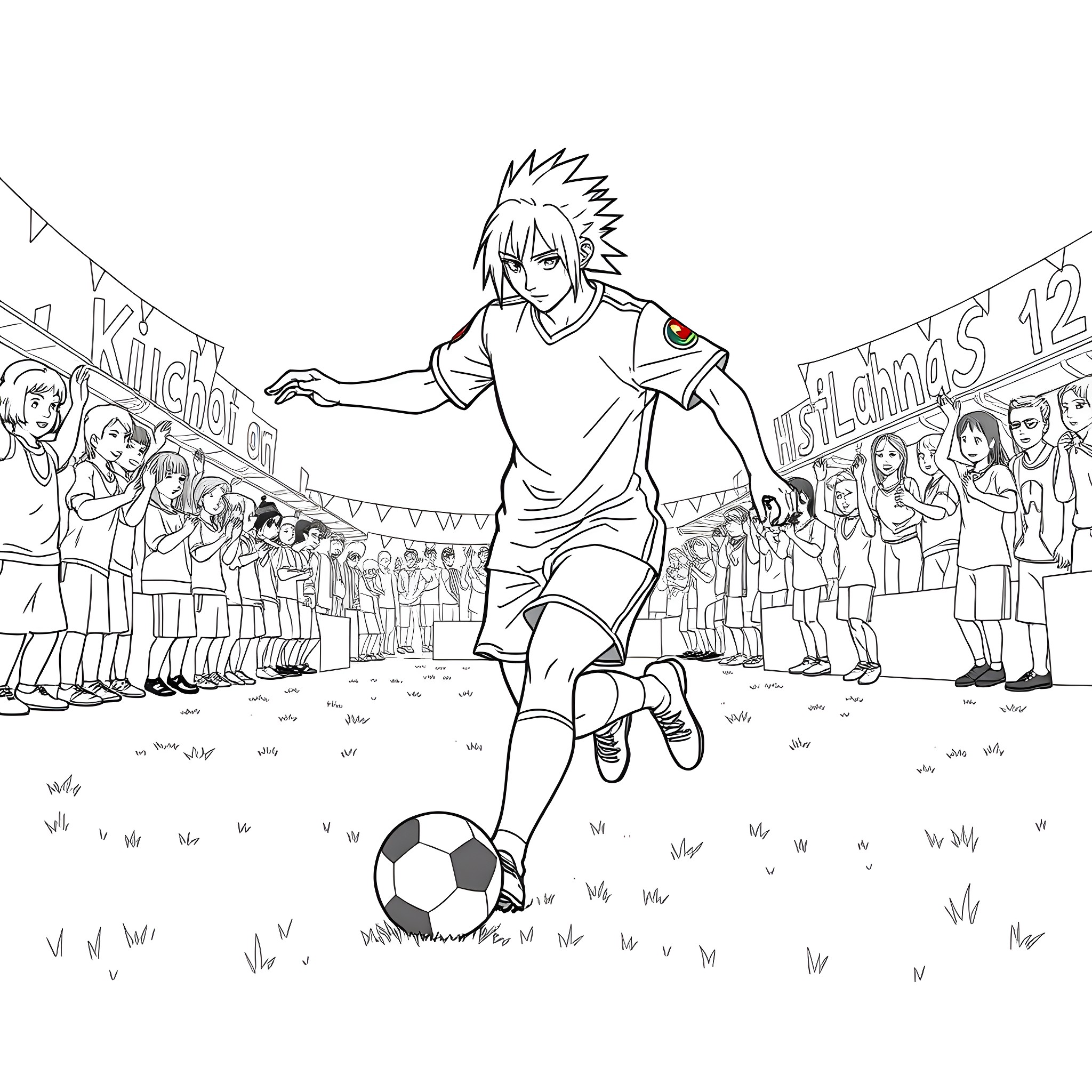 Itachi playing soccer in a school sports festival Coloring Page (free black-and-white line drawing printable PDF for all, from beginners to advanced learners, including children, teens, adults, and seniors)