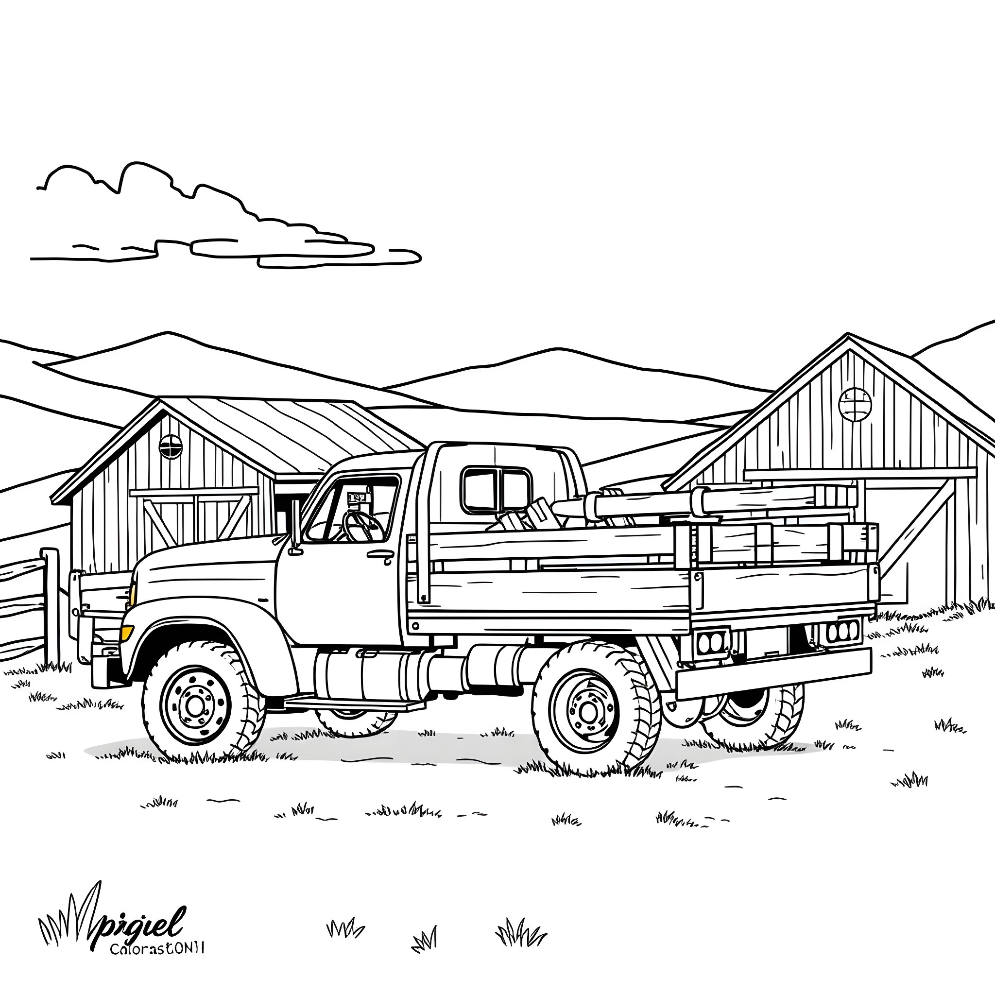 Flatbed truck hauling supplies in rural countryside Coloring Page (free black-and-white line drawing printable PDF for all, from beginners to advanced learners, including children, teens, adults, and seniors)