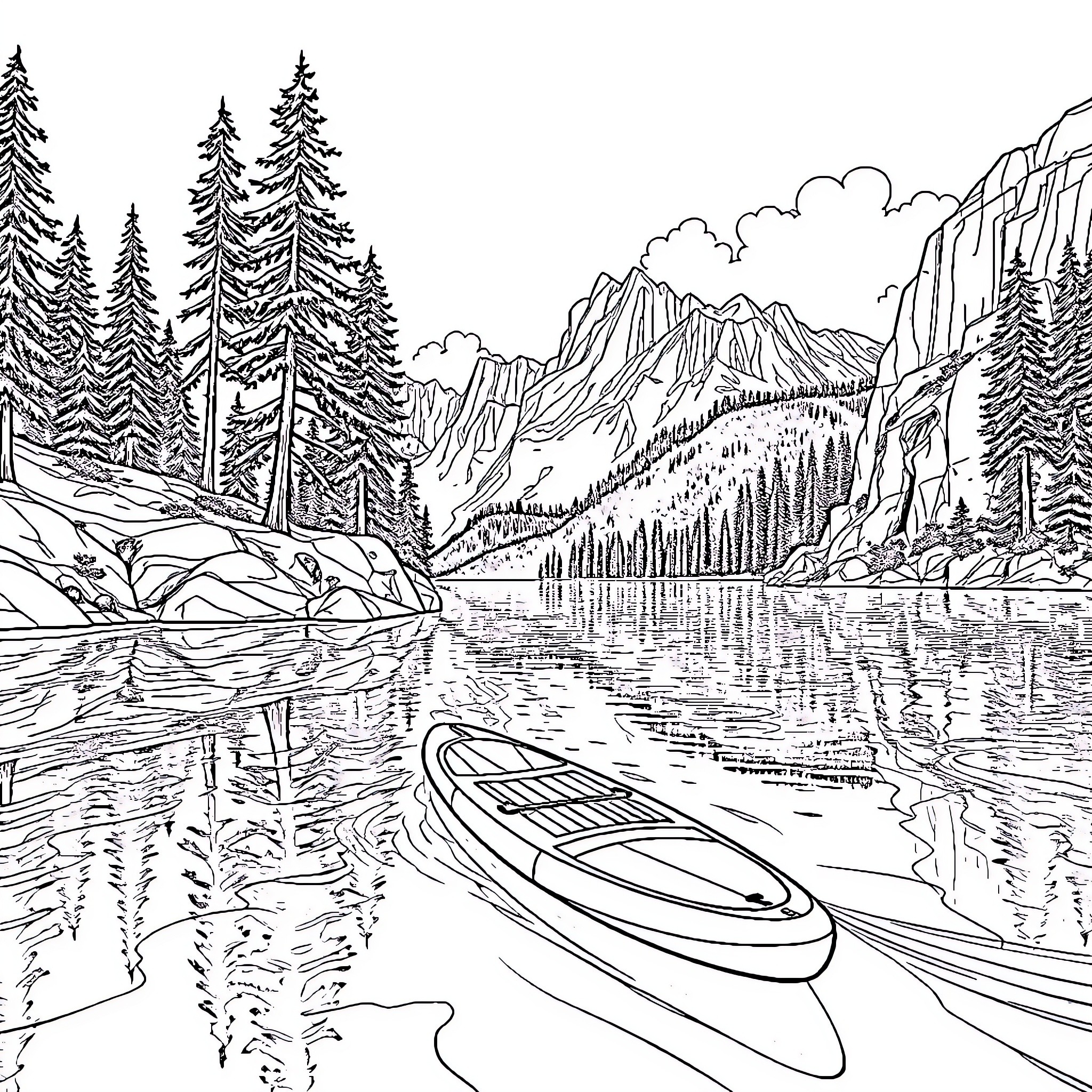 Paddleboard on scenic mountain lake Coloring Page (free black-and-white line drawing printable PDF for all, from beginners to advanced learners, including children, teens, adults, and seniors)