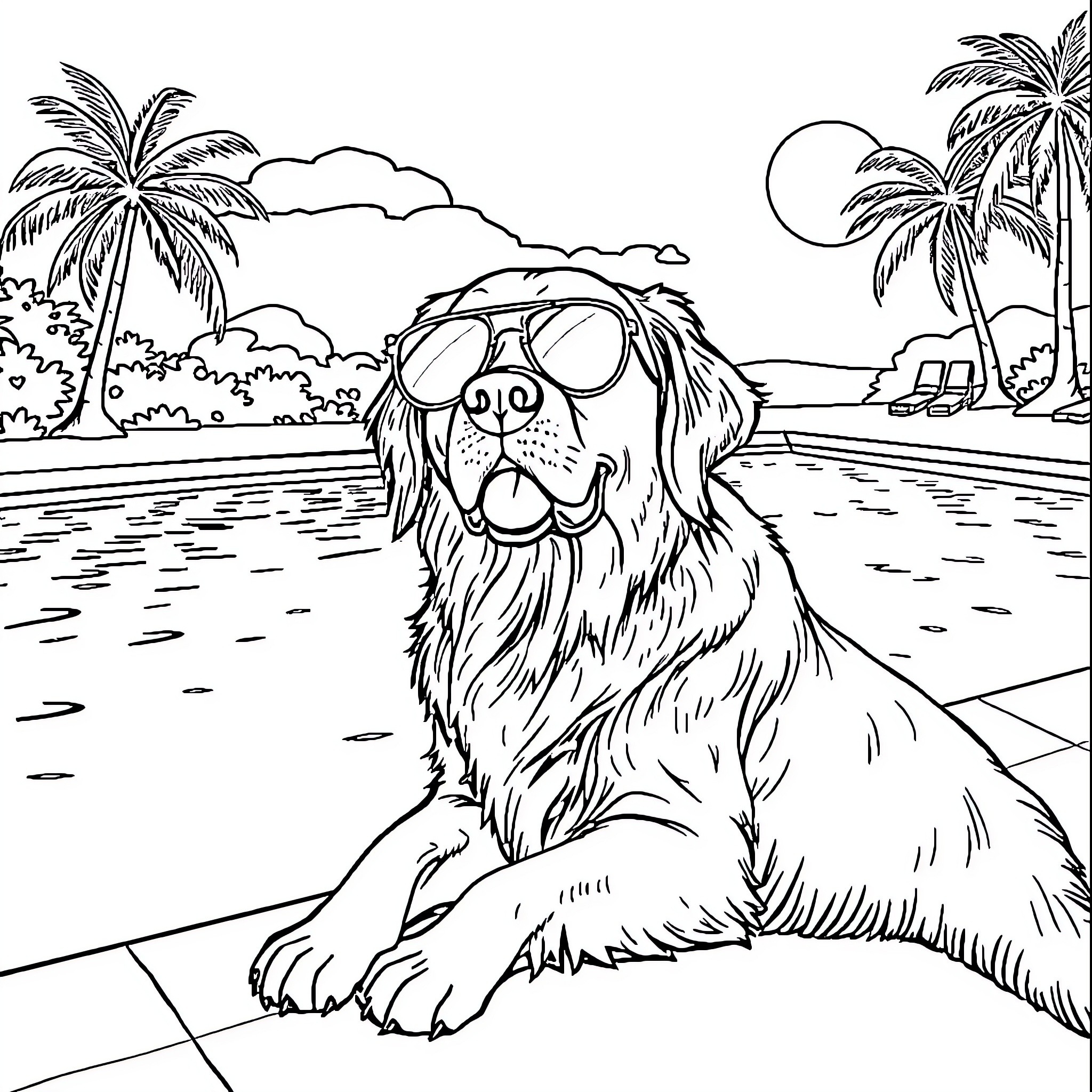 Golden Retriever enjoying the tropical beach vacation Coloring Page (free black-and-white line drawing printable PDF for all, from beginners to advanced learners, including children, teens, adults, and seniors)