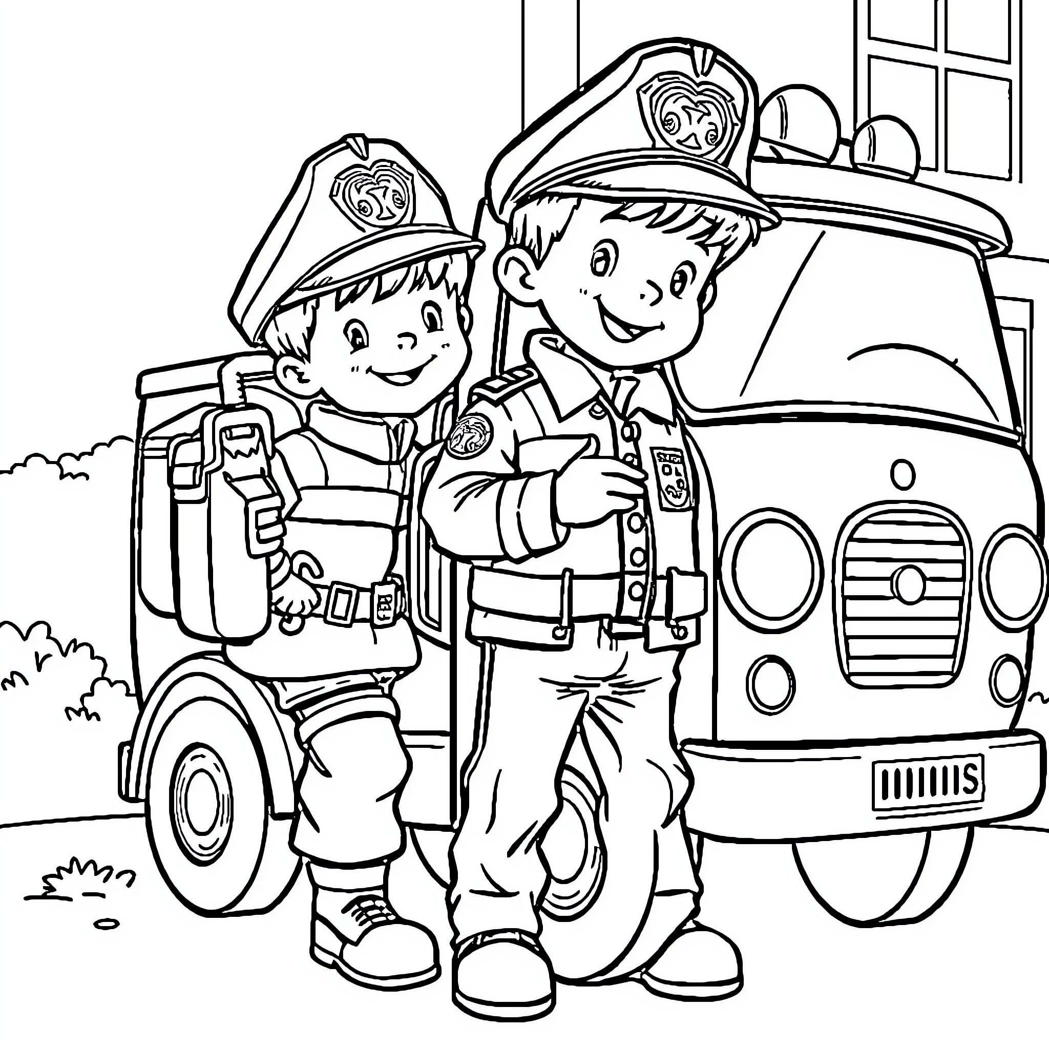 Child police officers standing by their patrol car Coloring Page (free black-and-white line drawing printable PDF for all, from beginners to advanced learners, including children, teens, adults, and seniors)