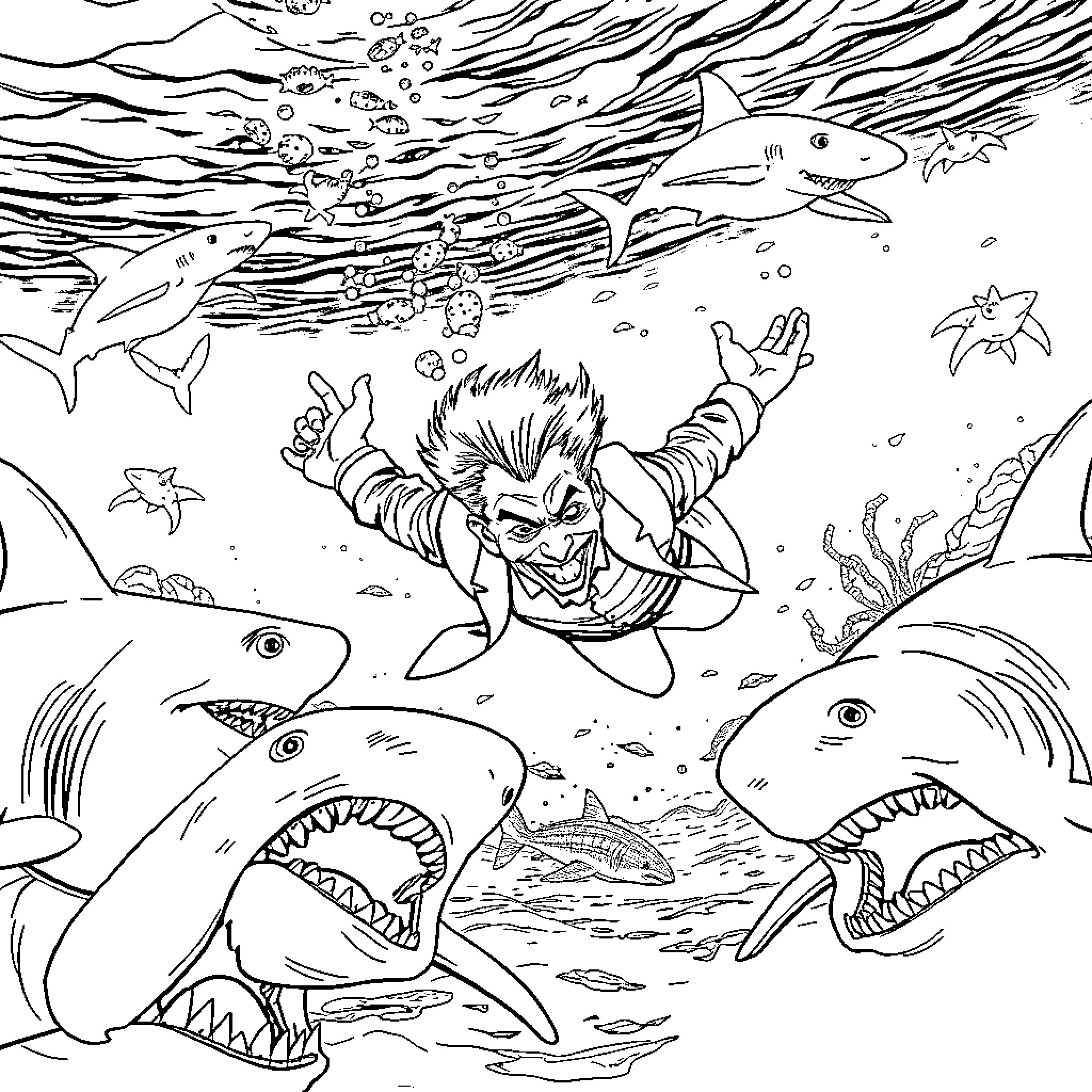 Joker swimming with ferocious sharks in the ocean Coloring Page (free black-and-white line drawing printable PDF for all, from beginners to advanced learners, including children, teens, adults, and seniors)