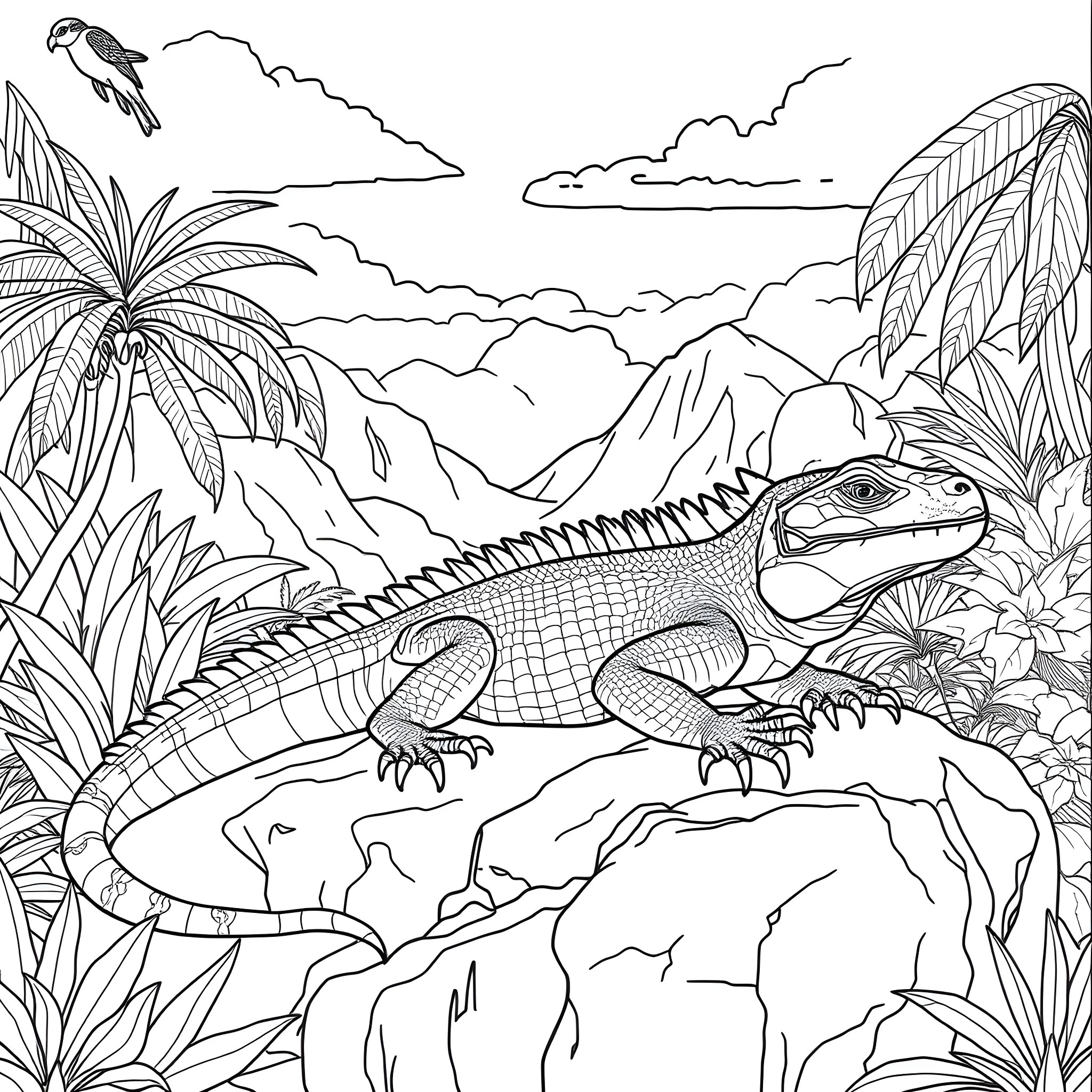 Komodo Dragon Resting in Tropical Landscape Coloring Page (free black-and-white line drawing printable PDF for all, from beginners to advanced learners, including children, teens, adults, and seniors)