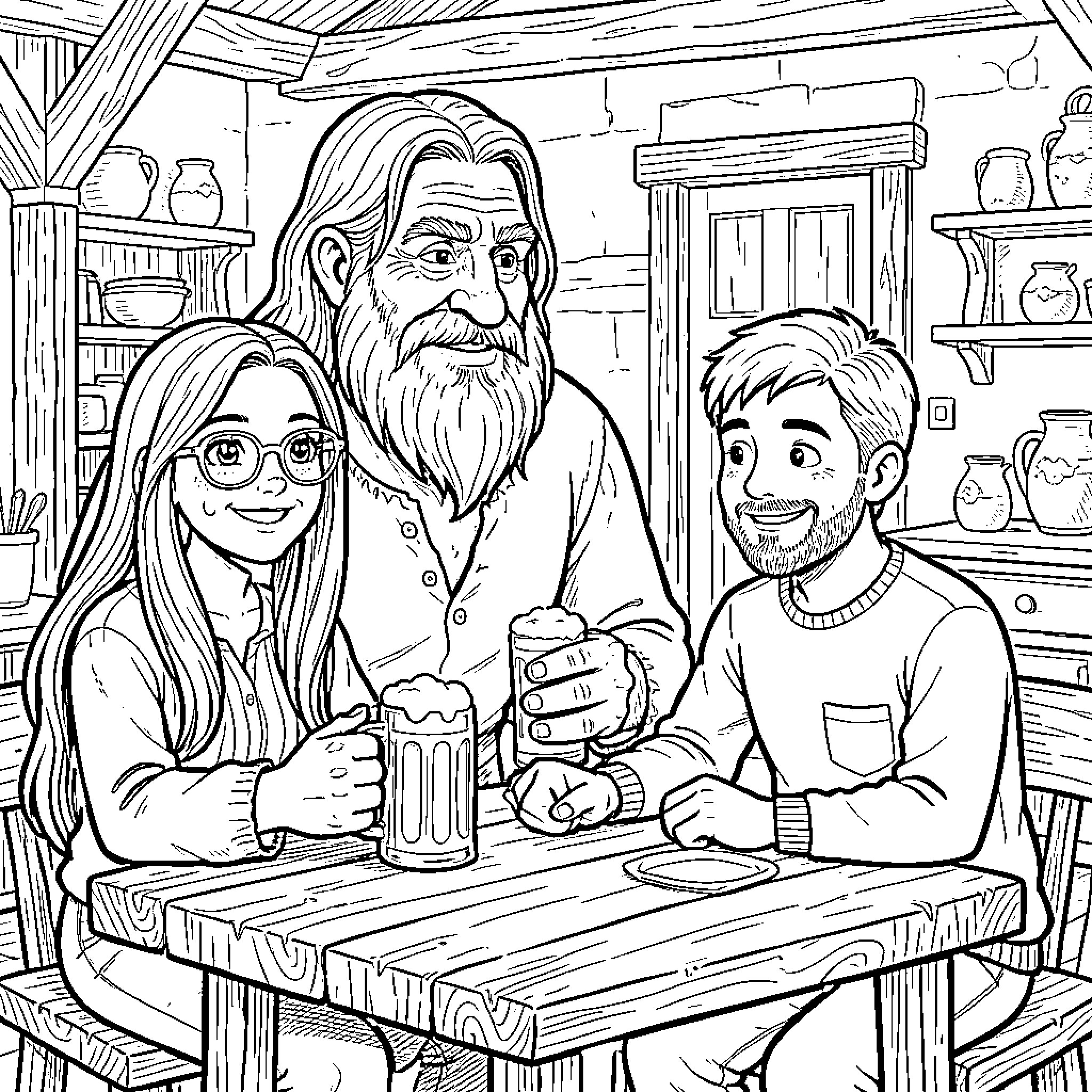 Hagrid and friends enjoying a casual gathering Coloring Page (free black-and-white line drawing printable PDF for all, from beginners to advanced learners, including children, teens, adults, and seniors)