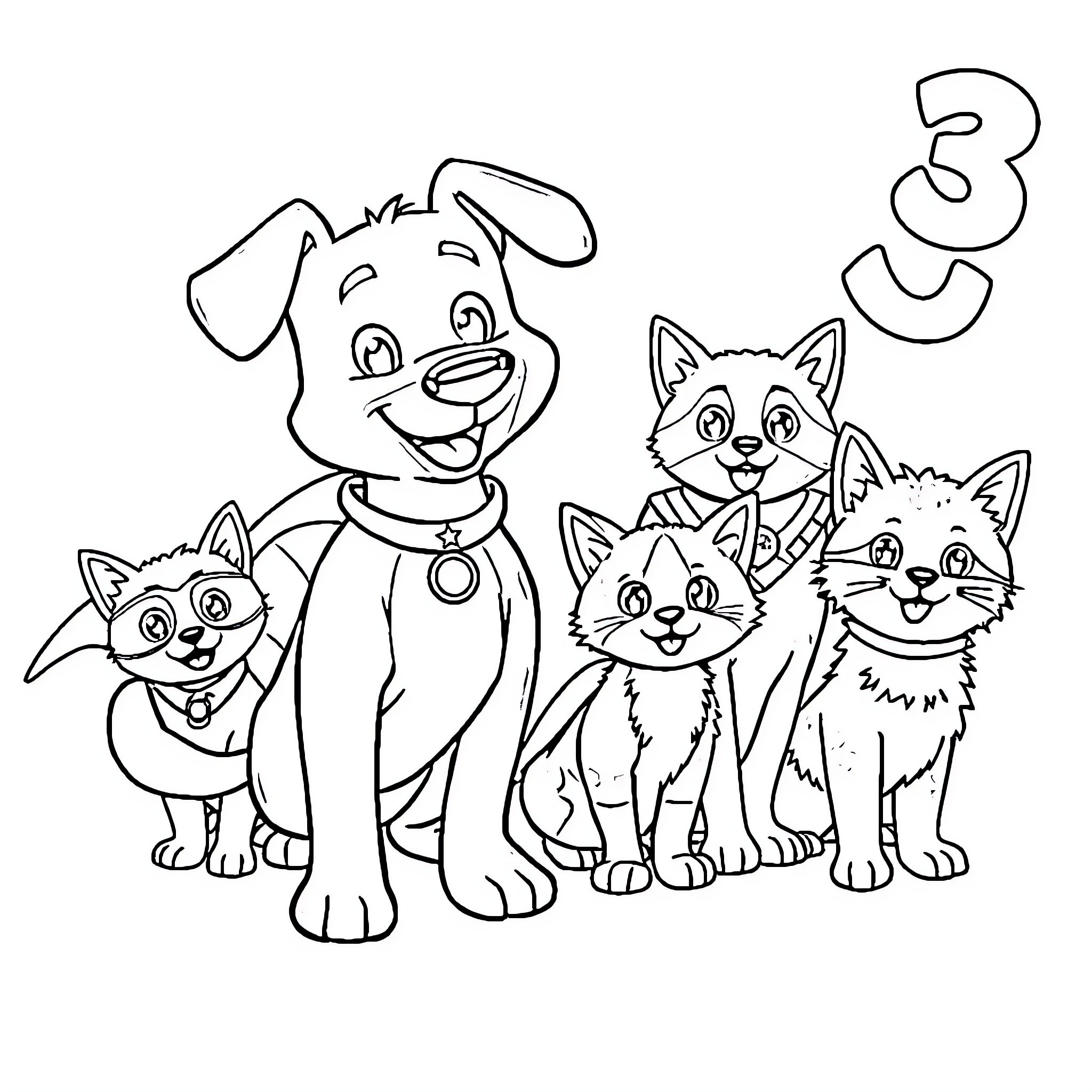 Number of Adorable Cartoon Animals Coloring Page (free black-and-white line drawing printable PDF for all, from beginners to advanced learners, including children, teens, adults, and seniors)