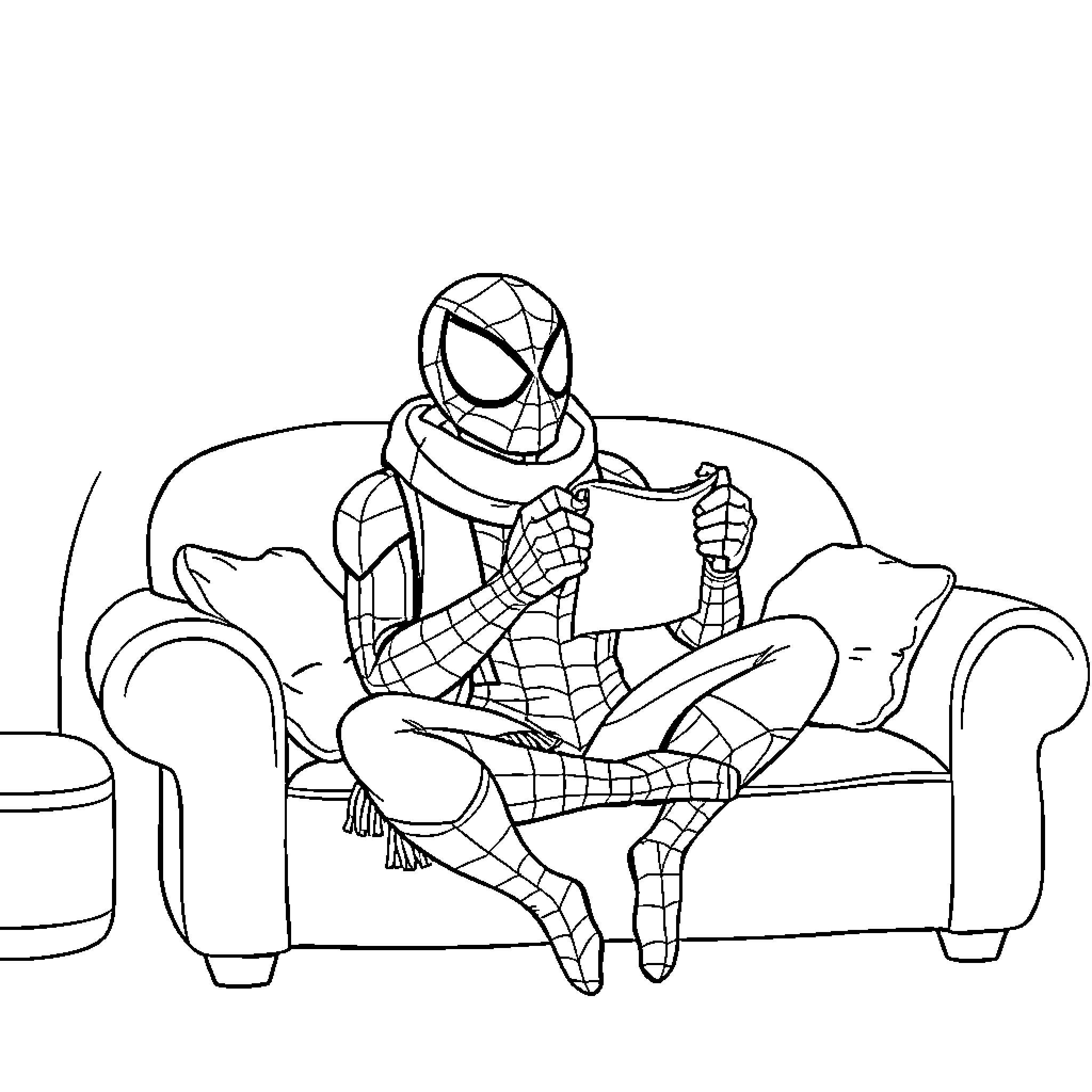 Spider-Man relaxing on a couch Coloring Page (free black-and-white line drawing printable PDF for all, from beginners to advanced learners, including children, teens, adults, and seniors)