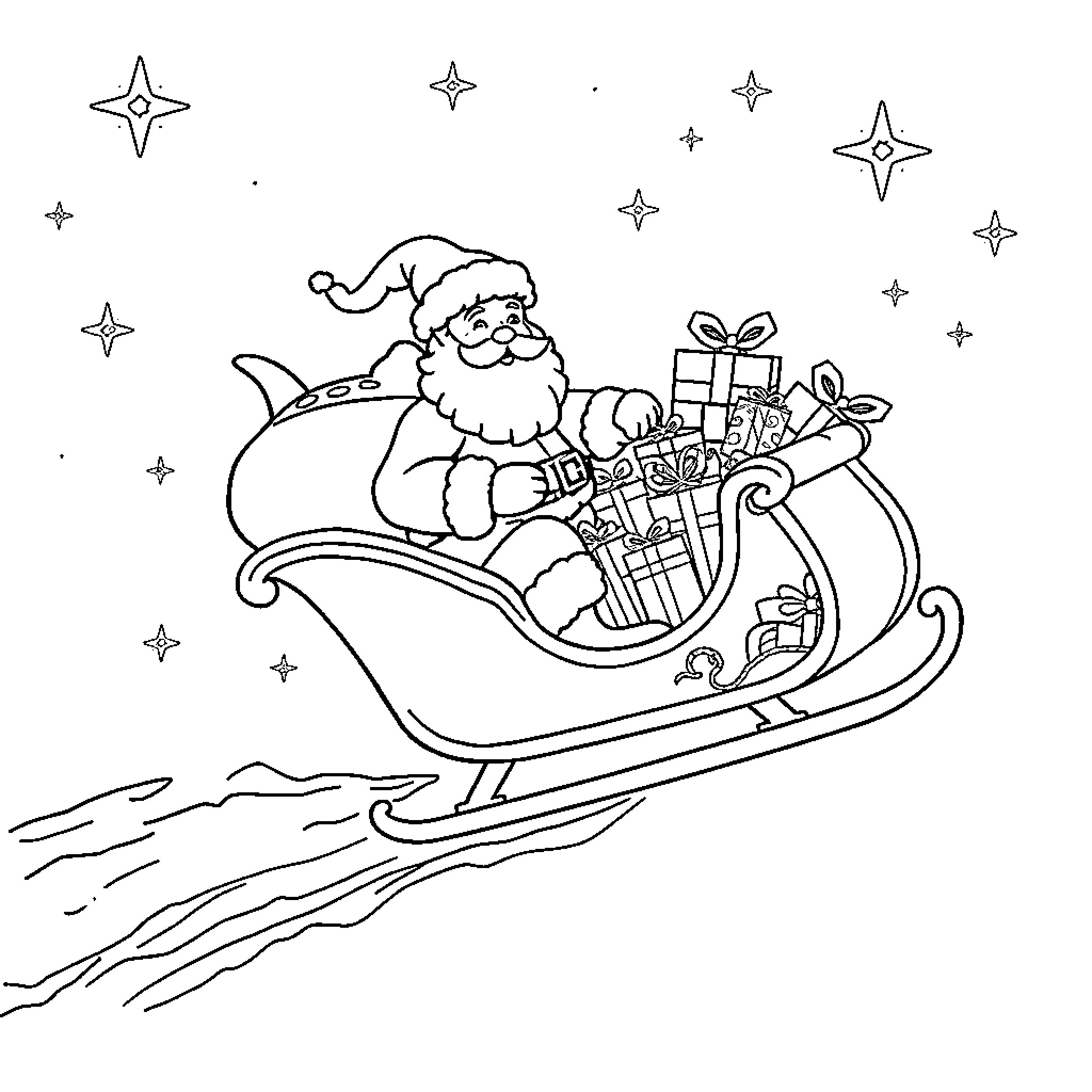 Santa in Sleigh Delivering Presents on Snowy Night Coloring Page (free black-and-white line drawing printable PDF for all, from beginners to advanced learners, including children, teens, adults, and seniors)
