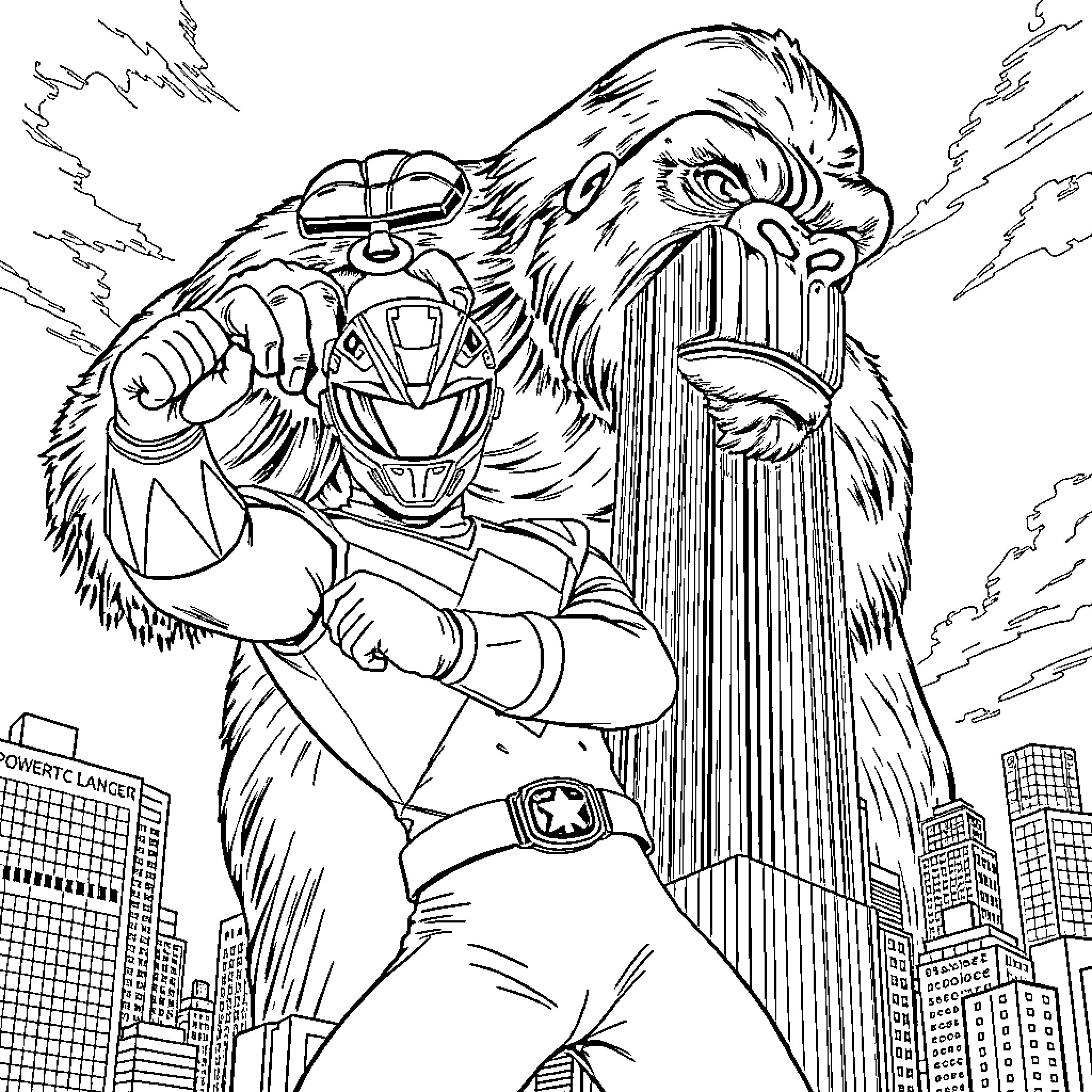 Power Ranger Battles Giant Creature in City Coloring Page (free black-and-white line drawing printable PDF for all, from beginners to advanced learners, including children, teens, adults, and seniors)