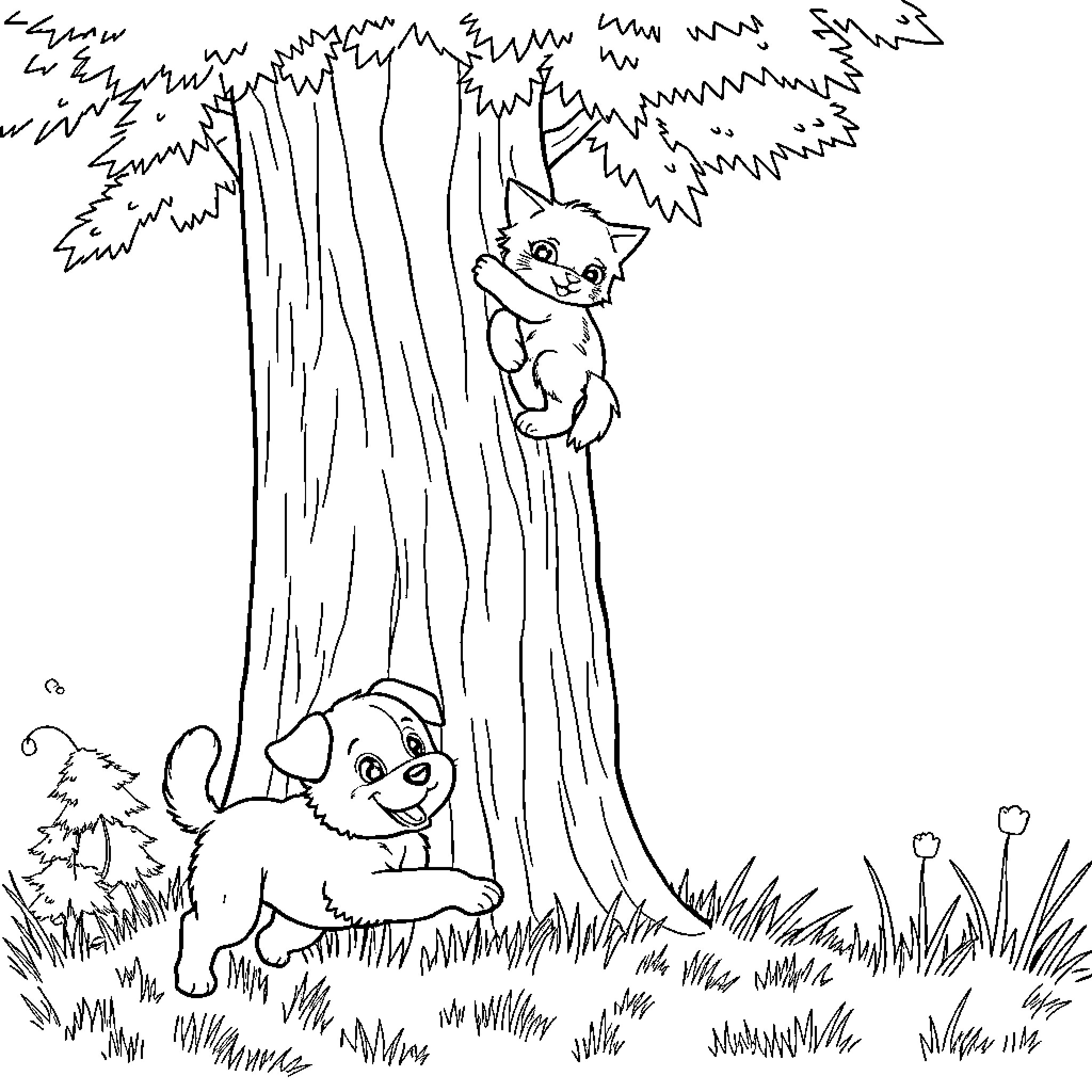 Puppies playing hide-and-seek in the forest Coloring Page (free black-and-white line drawing printable PDF for all, from beginners to advanced learners, including children, teens, adults, and seniors)