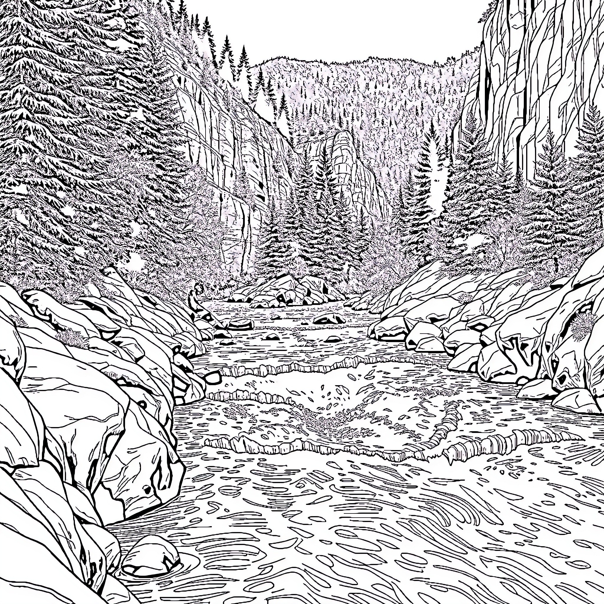Kayaking through a snowy mountainous landscape Coloring Page (free black-and-white line drawing printable PDF for all, from beginners to advanced learners, including children, teens, adults, and seniors)