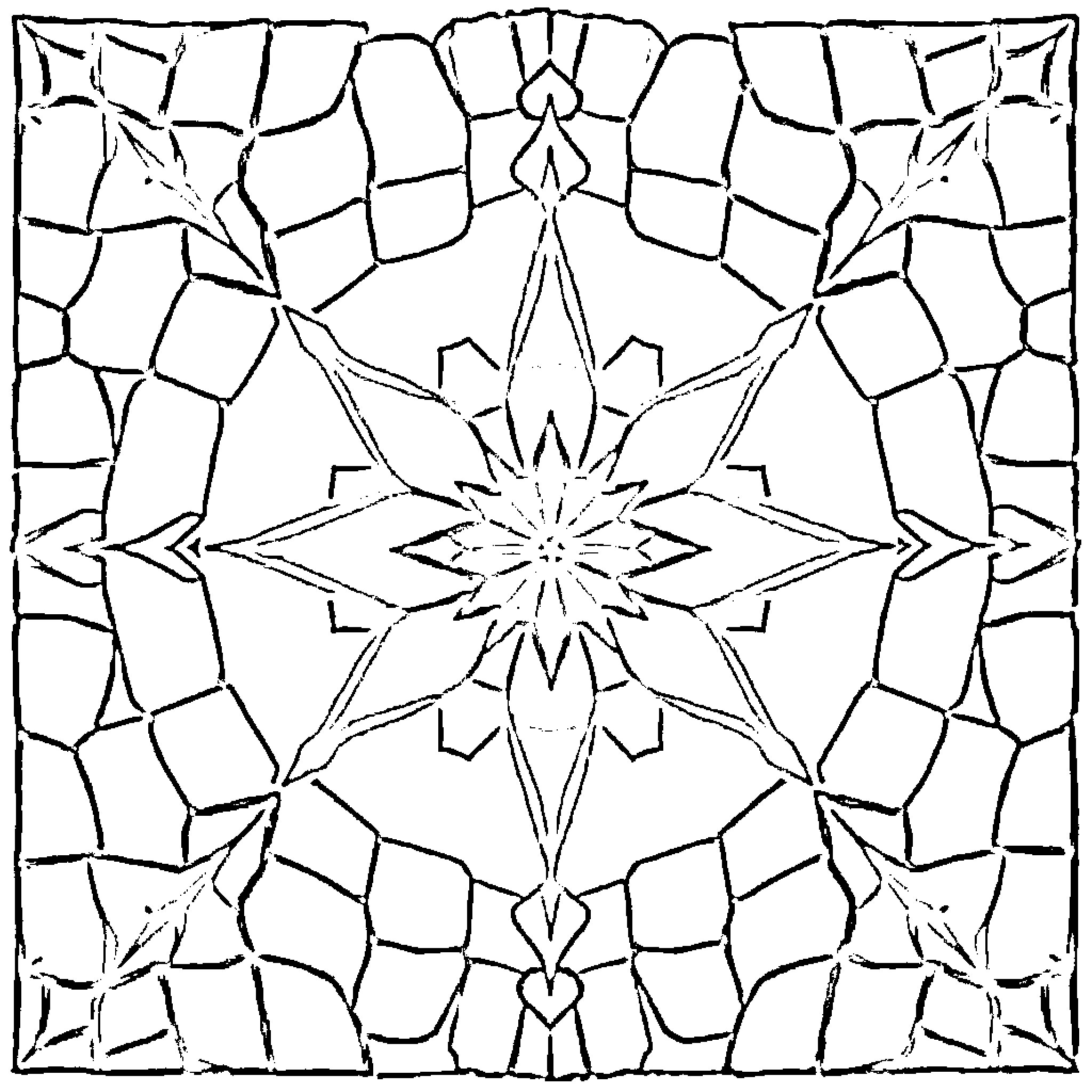 Trencadis Starburst Mosaic Pattern Coloring Page (free black-and-white line drawing printable PDF for all, from beginners to advanced learners, including children, teens, adults, and seniors)