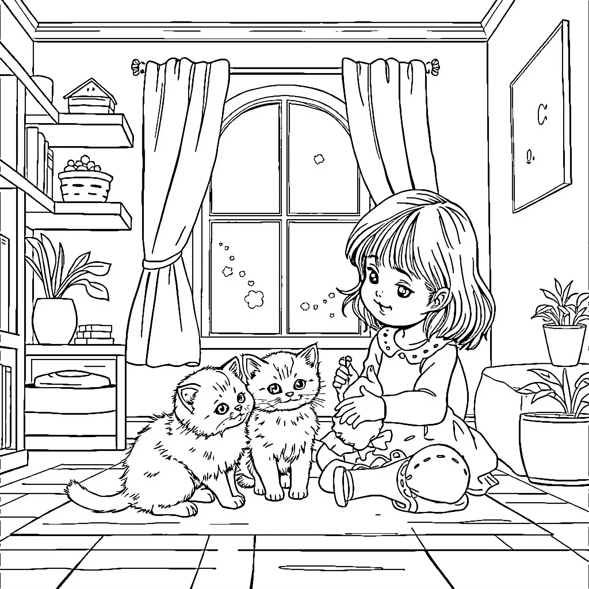 Kittens and Girl Playing in Cozy Room Coloring Page (free black-and-white line drawing printable PDF for all, from beginners to advanced learners, including children, teens, adults, and seniors)
