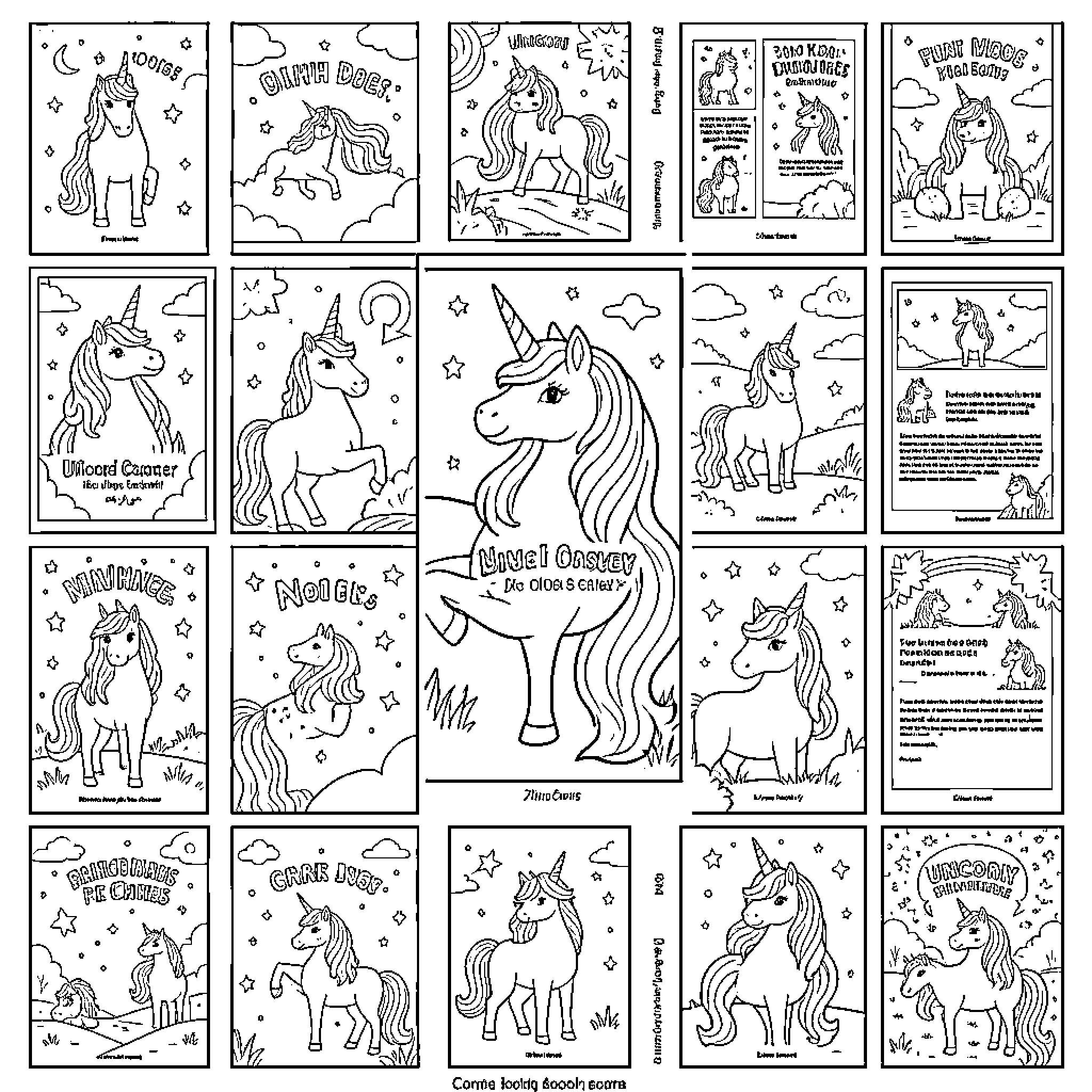 Unicorn characters posing in various magical scenes Coloring Page (free black-and-white line drawing printable PDF for all, from beginners to advanced learners, including children, teens, adults, and seniors)