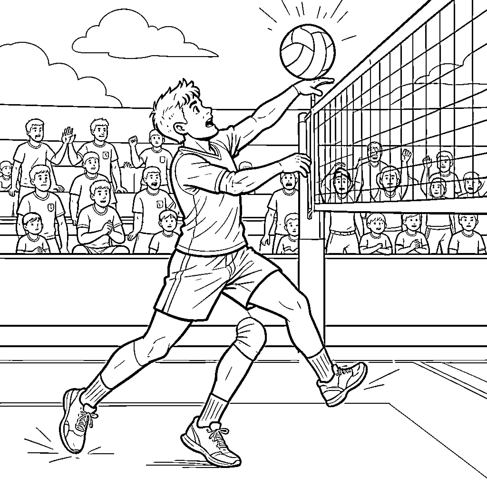 Joueur de volley s'apprêtant à frapper le ballon Coloring Page (free black-and-white line drawing printable PDF for all, from beginners to advanced learners, including children, teens, adults, and seniors)
